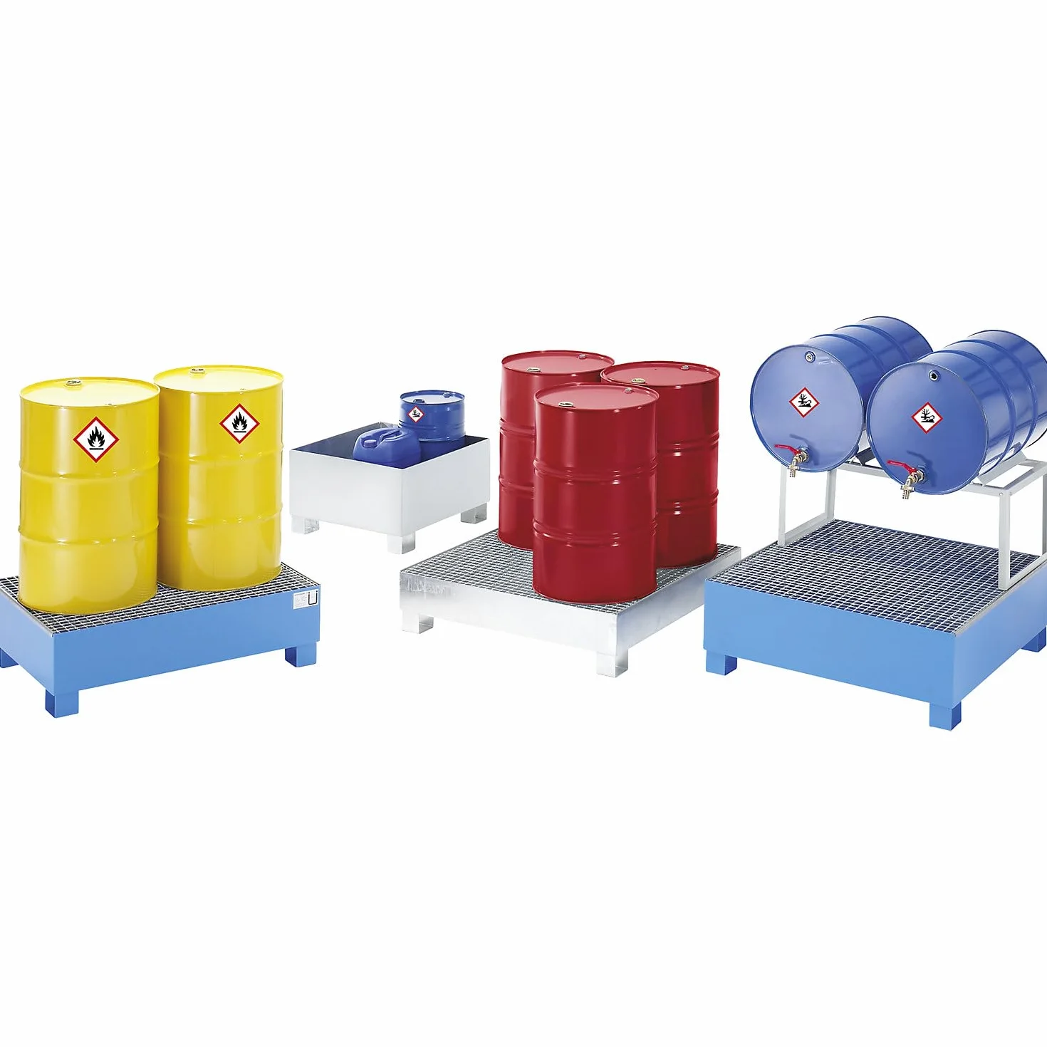 eurokraft | Stahl-Auffangwanne für 200-l-Fässer | LxBxH 1200 x 1200 x 285 mm | ohne Zulassung | Blau pulverbeschichtet | mit Gitterrost