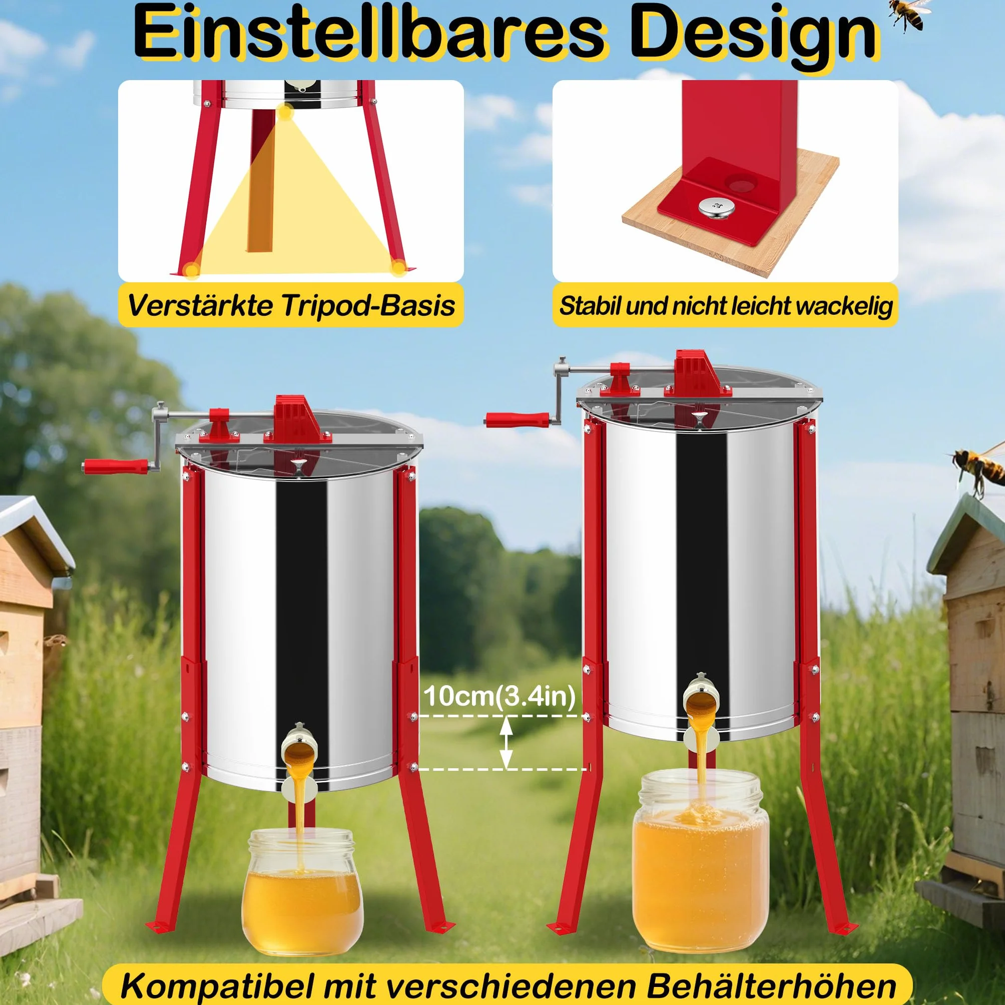 UISEBRT Manuelle Honigschleuder aus Edelstahl 3 Waben | Honigextraktor Tangentialschleuder mit Deckel und Verstellbarem Ständer 101-111cm | Handbetriebene Honigpresse für Imker | Ø 38cm