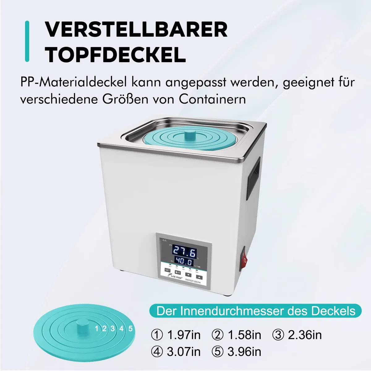 LAB FISH Laborwasserbad 3L, 300W - Einzelbohrung, Edelstahl - Präzisions-Thermostat ±0,1°C - Timer 0-999 Min - LED Display