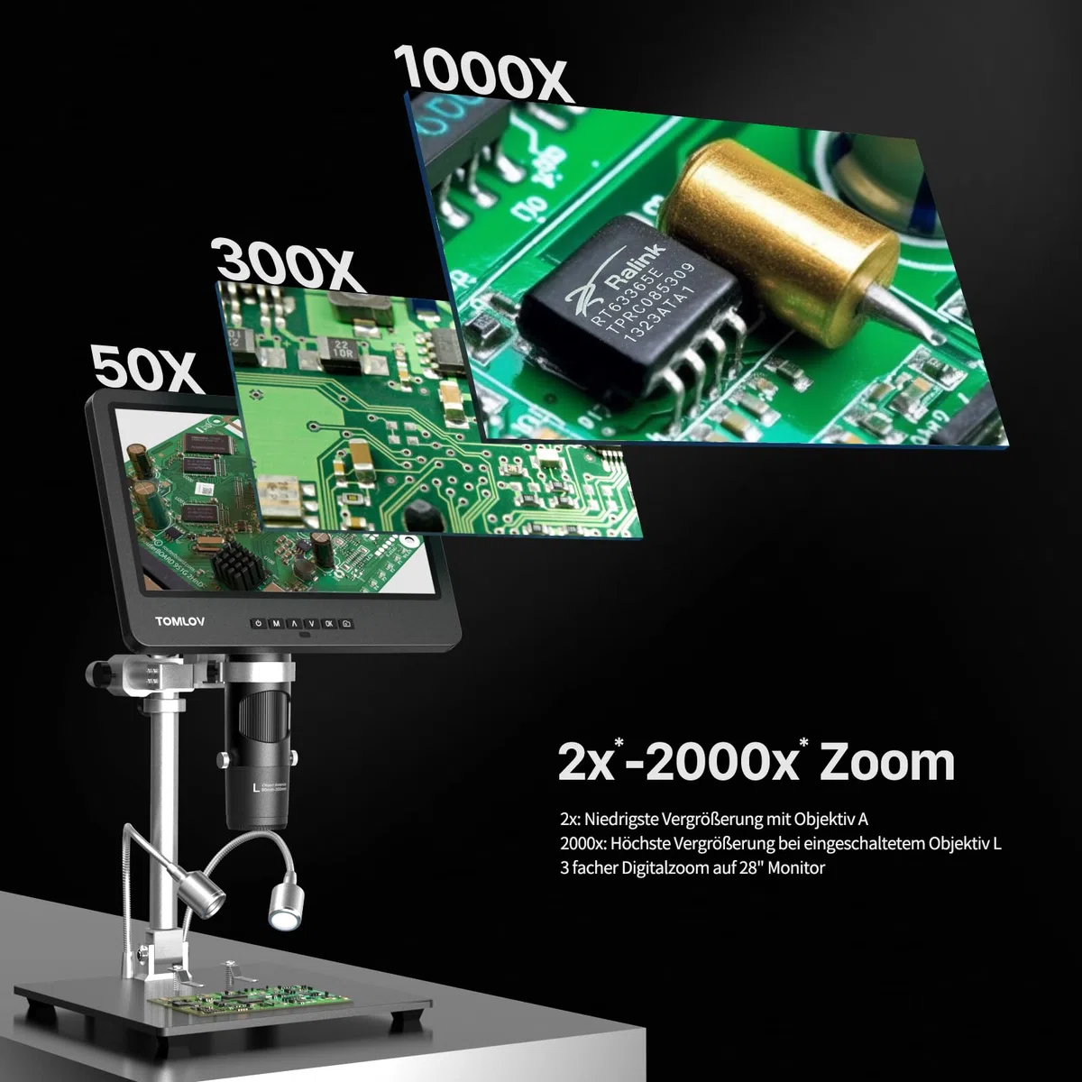 TOMLOV DM602 Pro 10,1 Zoll 3 Objektiv Digitales Mikroskop, 2K 24MP HDMI Lötmikroskop/Biologisches Microscope mit 144 Einstellbaren LED-Ring-Licht, 64GB Karte, 10" Stabiler Ständer, TV/PC Kompatibel