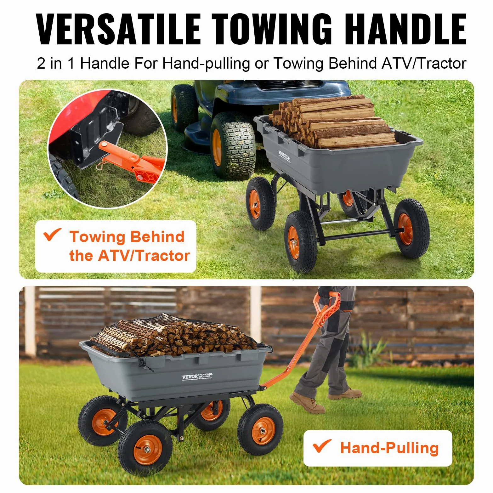 VEVOR Transportwagen, Gartenkarre mit leicht zu montierendem Stahlrahmen, Gartenwagen mit umwandelbarem 2-in-1-Griff, Mehrzweck-Schubkarre mit 680 Tragfähigekit, ca. 33 cm Reifen