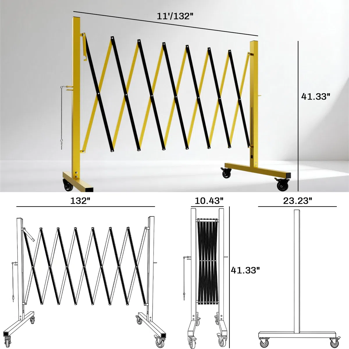 Verkehrssperre mit Rollen, Verstellbare Metall-Sperre, Klappbares Sicherheitsgitter, Teleskopisches Zaun für Baubereiche und Verkehrskontrolle (3,35 m)