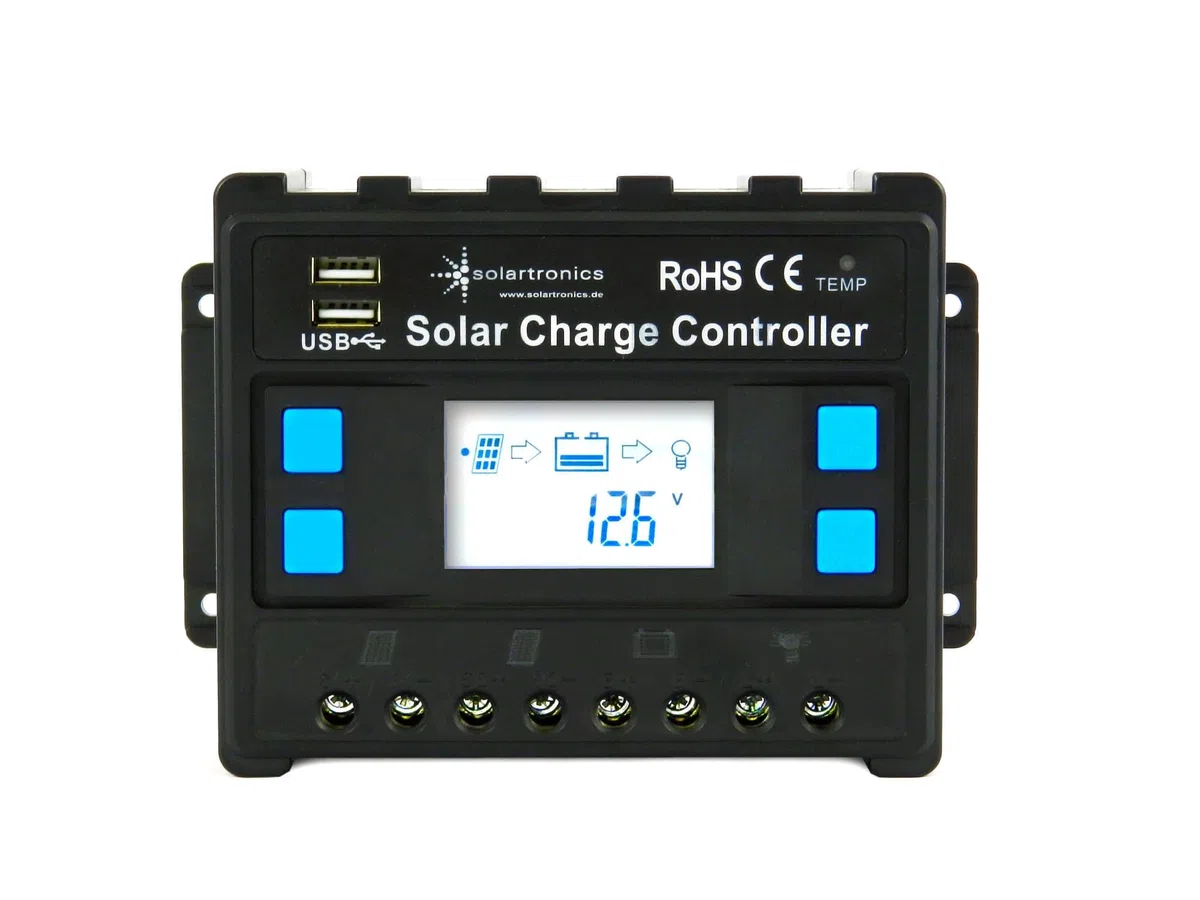SOLARTRONICS Solar Set: 2x 130W monokristalline Solarmodul + 20A Laderegler blau + PV Kabel + Solarstecker Photovoltaik Inselanlage für Camping, Gärten