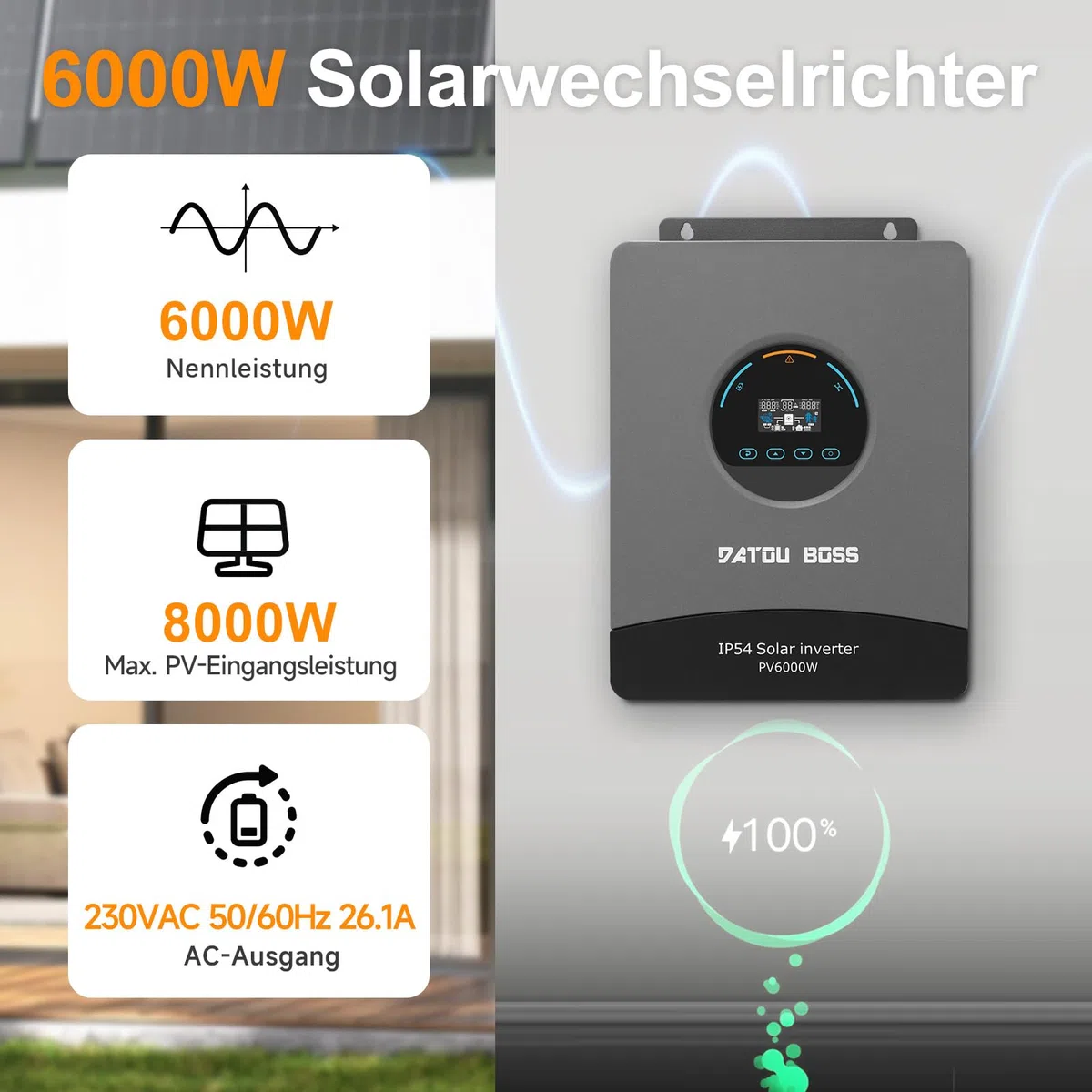 DATOUBOSS 6000W Hybrid Solar Wechselrichter 48V, Reiner Sinus, integrierter 120A MPPT, Blitz- und Wasserschutz, batterieloser Start, für Off-Grid Solarstrom (48V 6000W)