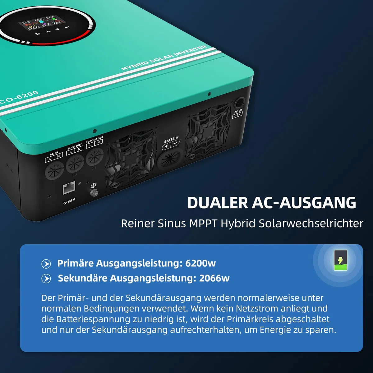 Anern 6200W Hybrid Wechselrichter Solar 48Vdc zu AC 230V mit 2 AC-Ausgang PV 60-500VDC Off Grid Reine Sinus Welle Solar Wechselrichter 120A MPPT Für Bleisäure- und Lithium-Batterien mit WiFi-Modul