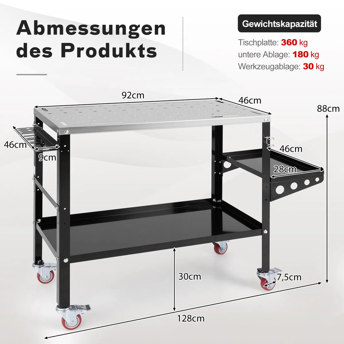 GYMAX Mobiler Schweißtisch 92x46cm, Werkbank mit 2 Ablage & Seitentablett, Schweißwagen mit 2 Schweißdüsenhaltern, 8 Werkzeugschlitzen & Rädern, Schweißwerkbank 540 kg Tragfähigkeit