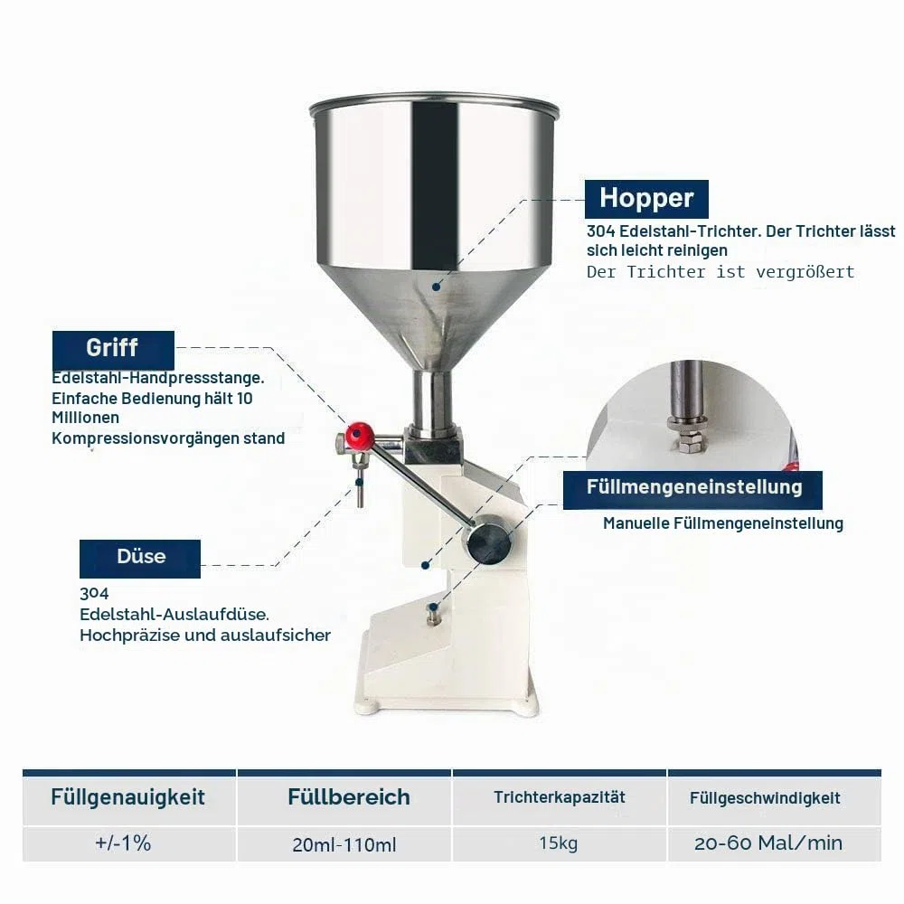 SUSEMSE abfüllmaschine manuelle Flüssigkeitsfüllmaschine, Paste Flaschenfüllmaschine 5–50 ml Abfüllmaschine Flaschenfüller für Wasser Öl – A03