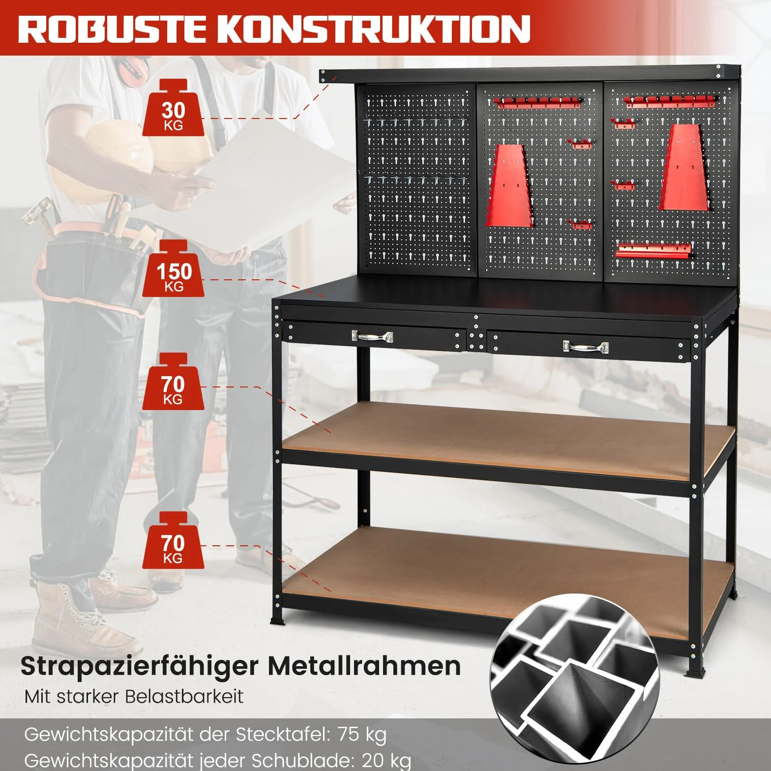 COSTWAY Werkbank, Werkzeugbank mit Lochwand, Werktisch mit Schublade, große Arbeitsplatte & 3 Ablagen, inkl. 13 Zubehörteile zum Aufhängen, Arbeitstisch für Garage und Werkstatt (121 x 61 x 156 cm)