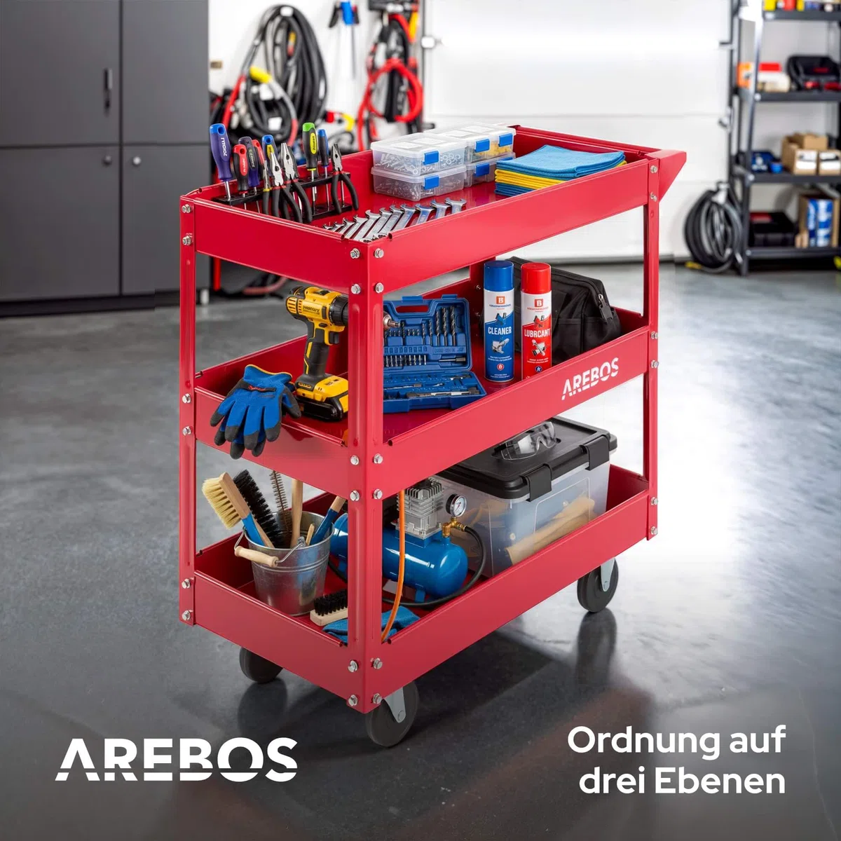 Arebos Werkstatt-Rollwagen | Montagewagen mit 3 Ablagefächern | bis 120 kg belastbar | robuster Werkzeugwagen aus Stahl | Mobile Transporthilfe | für Werkstatt, Garage & Hobbyraum | 2er Set