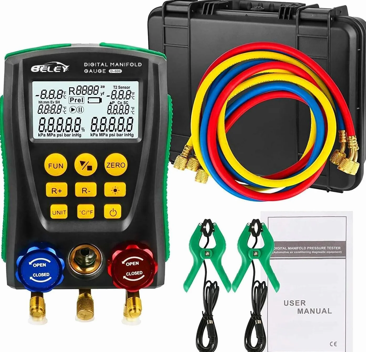 Digitales Monteurhilfe Manometer-Set für HVAC - Kompatibel mit R410a, R32, R22 Kältemittel, mit Temperaturklemmen und Kältemittelschläuchen, für Prüfung & Wartung von Klimaanlagen und Kühlschränken