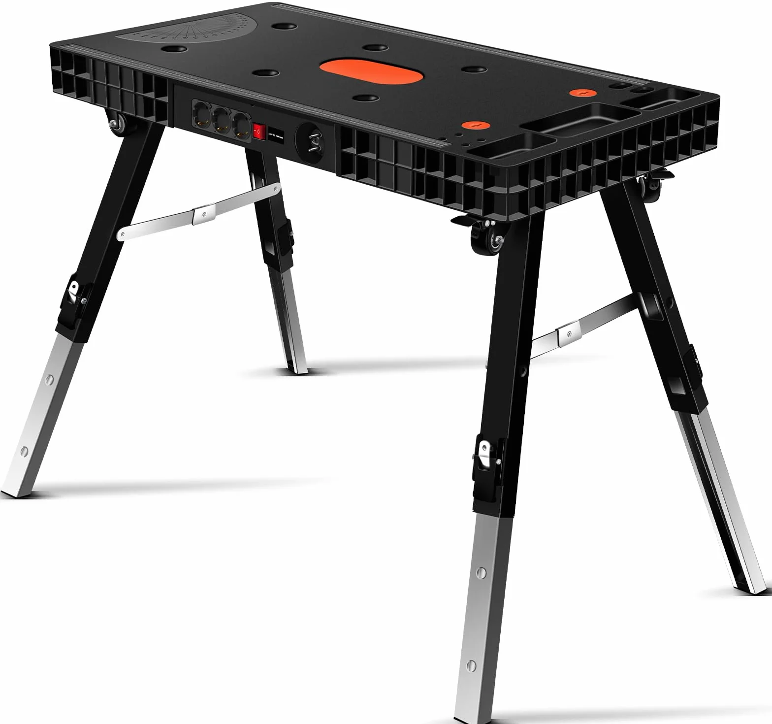 GARDTECH Klappwerkbank 5-in-1, werkbank klappbar & höhenverstellbar, als Werkbank und Arbeitstisch, 150 kg Tragkraft, große Arbeitsfläche mit Winkelangaben, EU-Steckdose, für Werkstatt, Garage & DIY