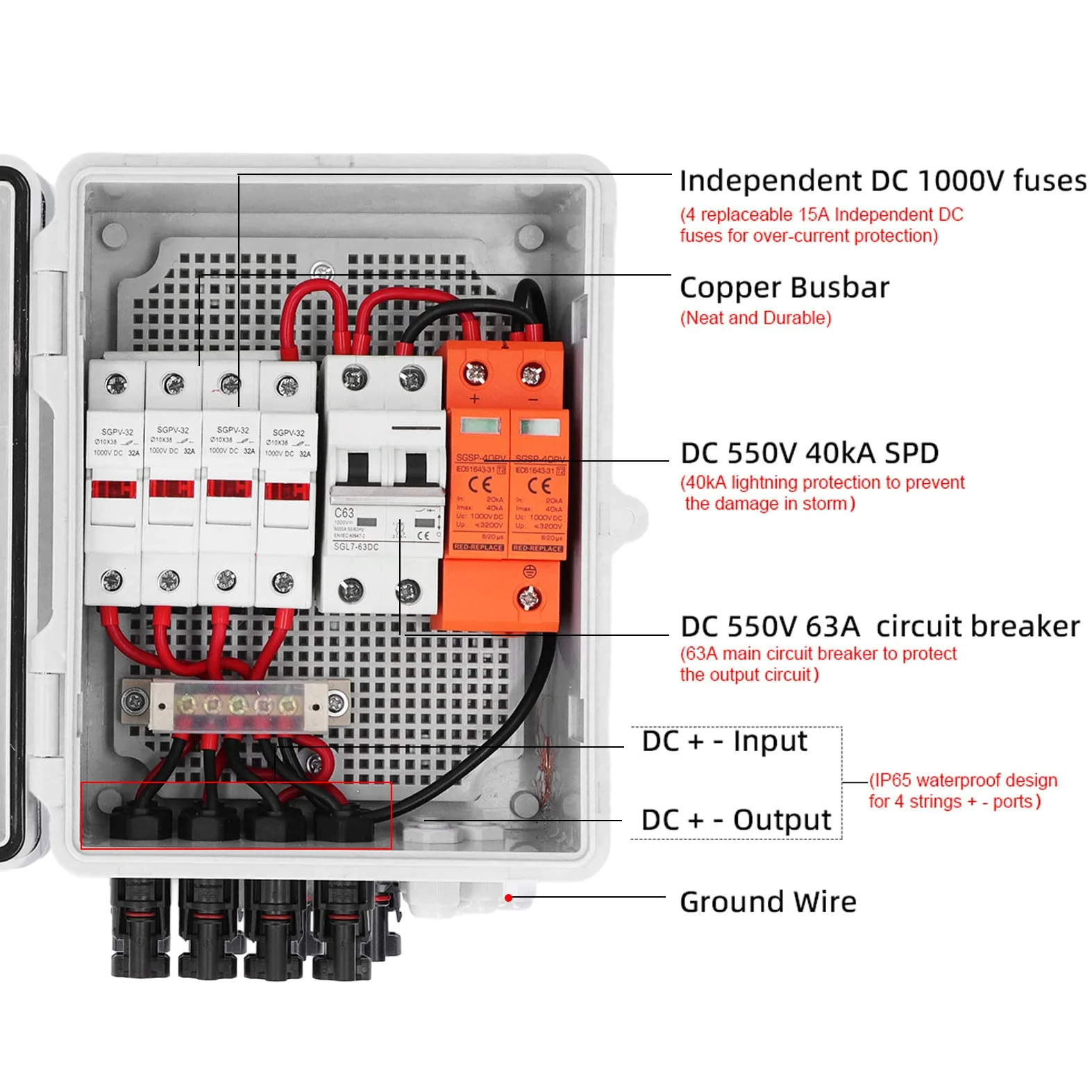 PV-Kombinierer-Box, DC12V 24V 36V 48V 4 String Solar Combiner Box mit 15A Sicherung 63A Leistungs Schalter, Outdoor-Leistungs Schalter für On-und Off-Grid-Solarstrom Anlage