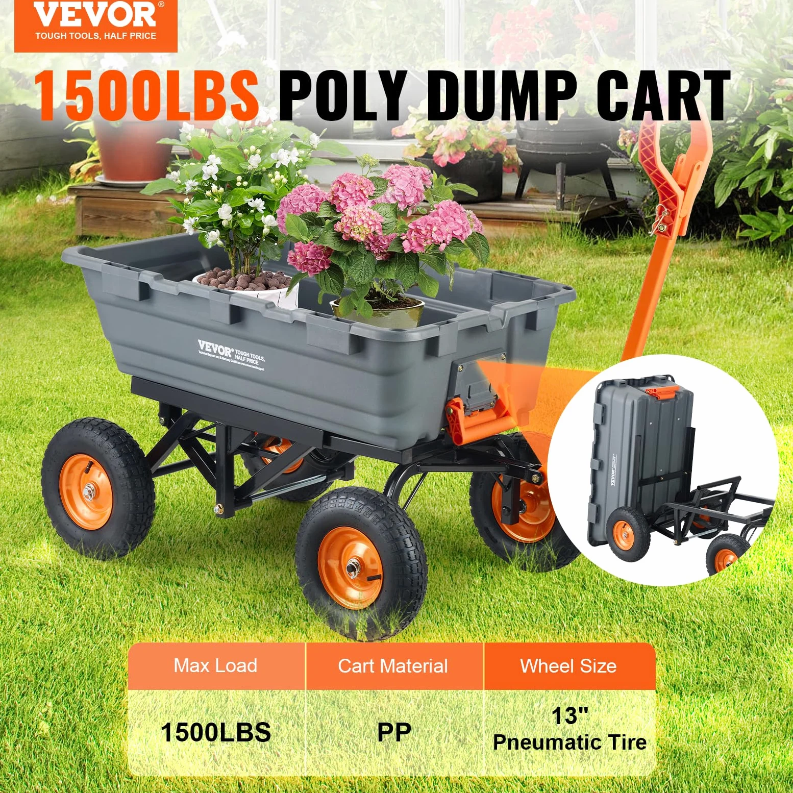 VEVOR Transportwagen, Gartenkarre mit leicht zu montierendem Stahlrahmen, Gartenwagen mit umwandelbarem 2-in-1-Griff, Mehrzweck-Schubkarre mit 680 Tragfähigekit, ca. 33 cm Reifen