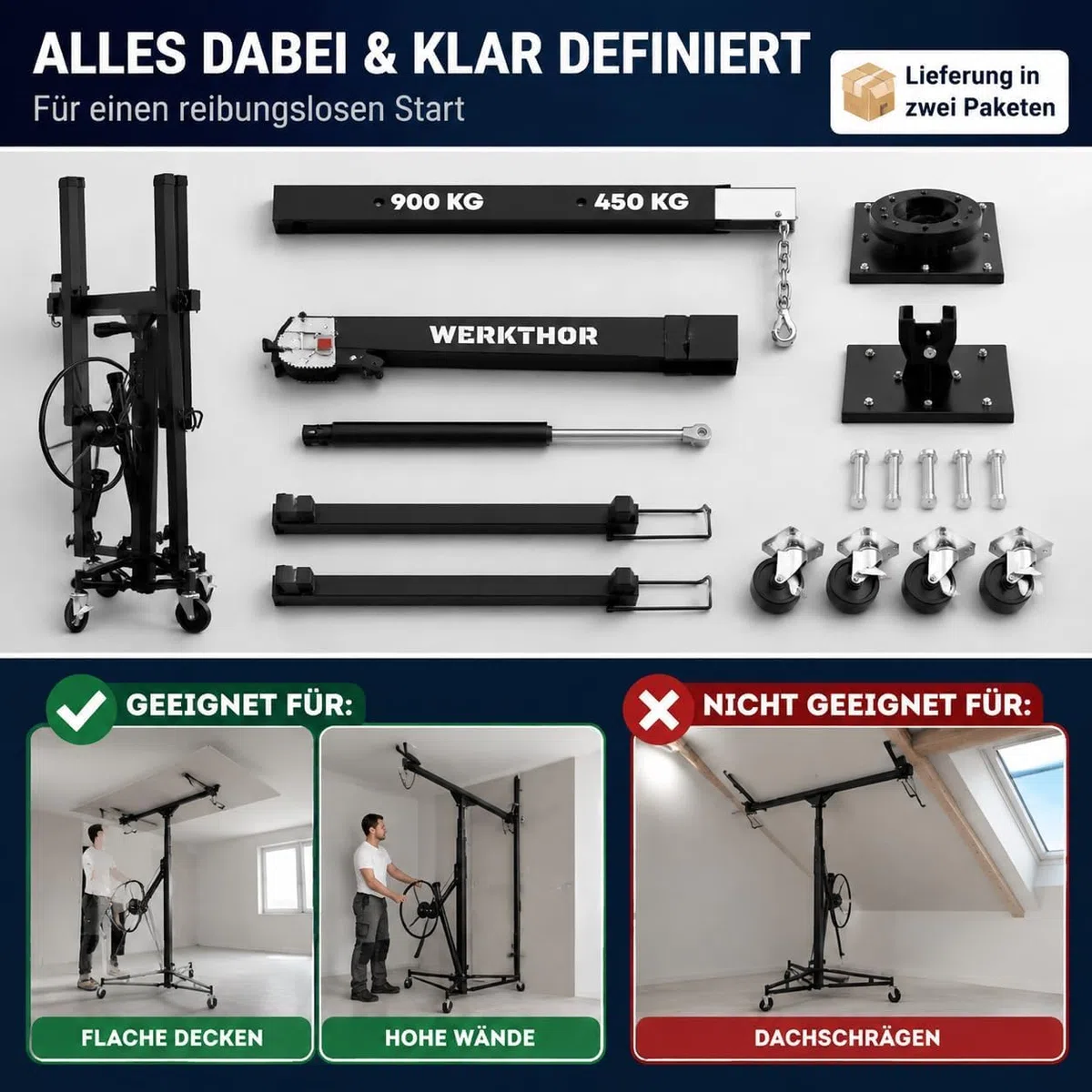 Werkthor XXL Plattenheber bis max. 68 kg - Höhe 140-350 cm - Plattenheber Trockenbau für Rigipsplatten & Gipskartonplatten - Rigips Plattenheber mit 3 Räder & Feststellbremse (Schwarz)