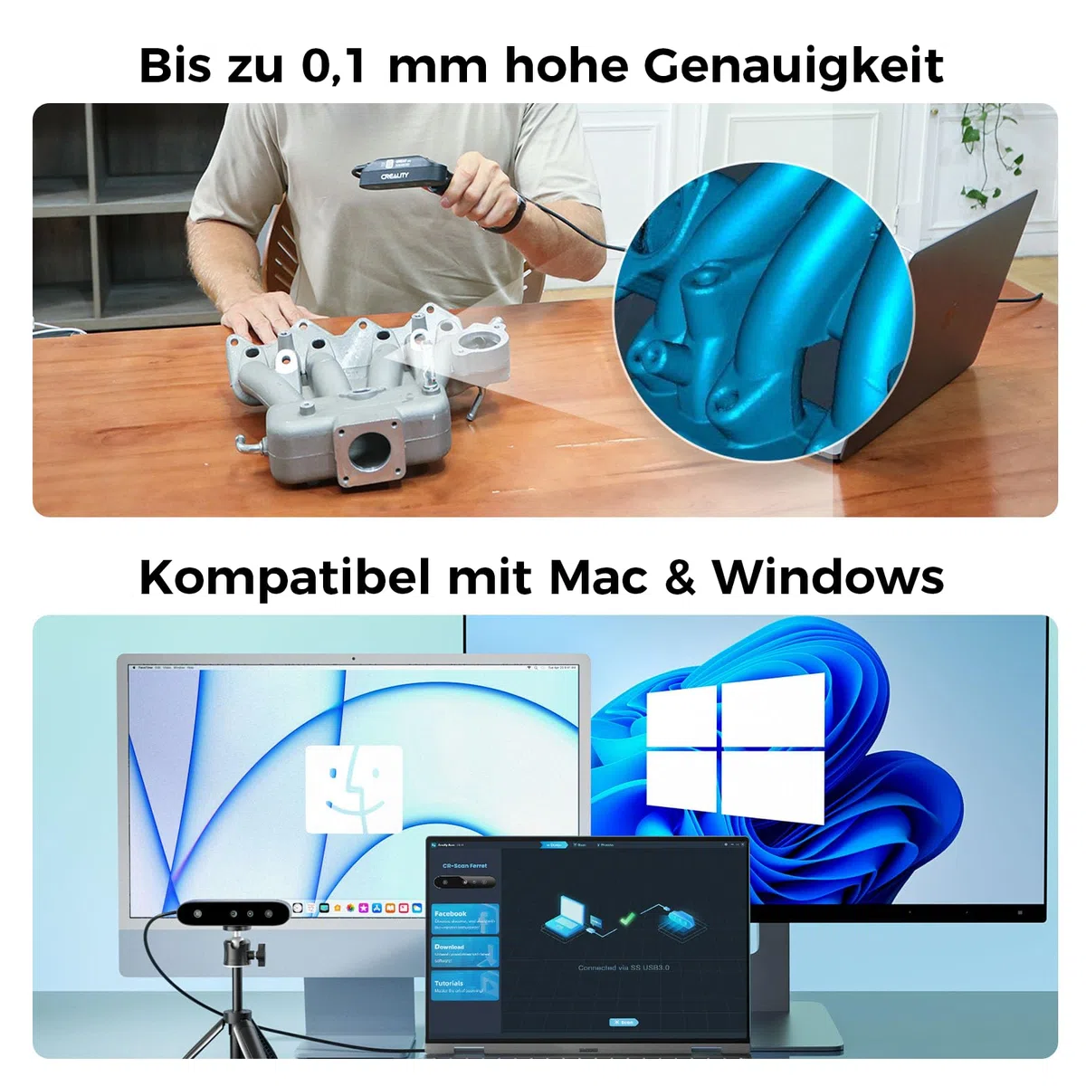 Creality CR-Scan Ferret SE 3D-Scanner, 0,1 mm, 150-2000mm Scanbereich, Anti-Shake, 24-Bit-Farbscan, Scannen Sie schwarze/metallische (nicht reflektierende) Objekte ohne Scanspray, für Windows/Mac