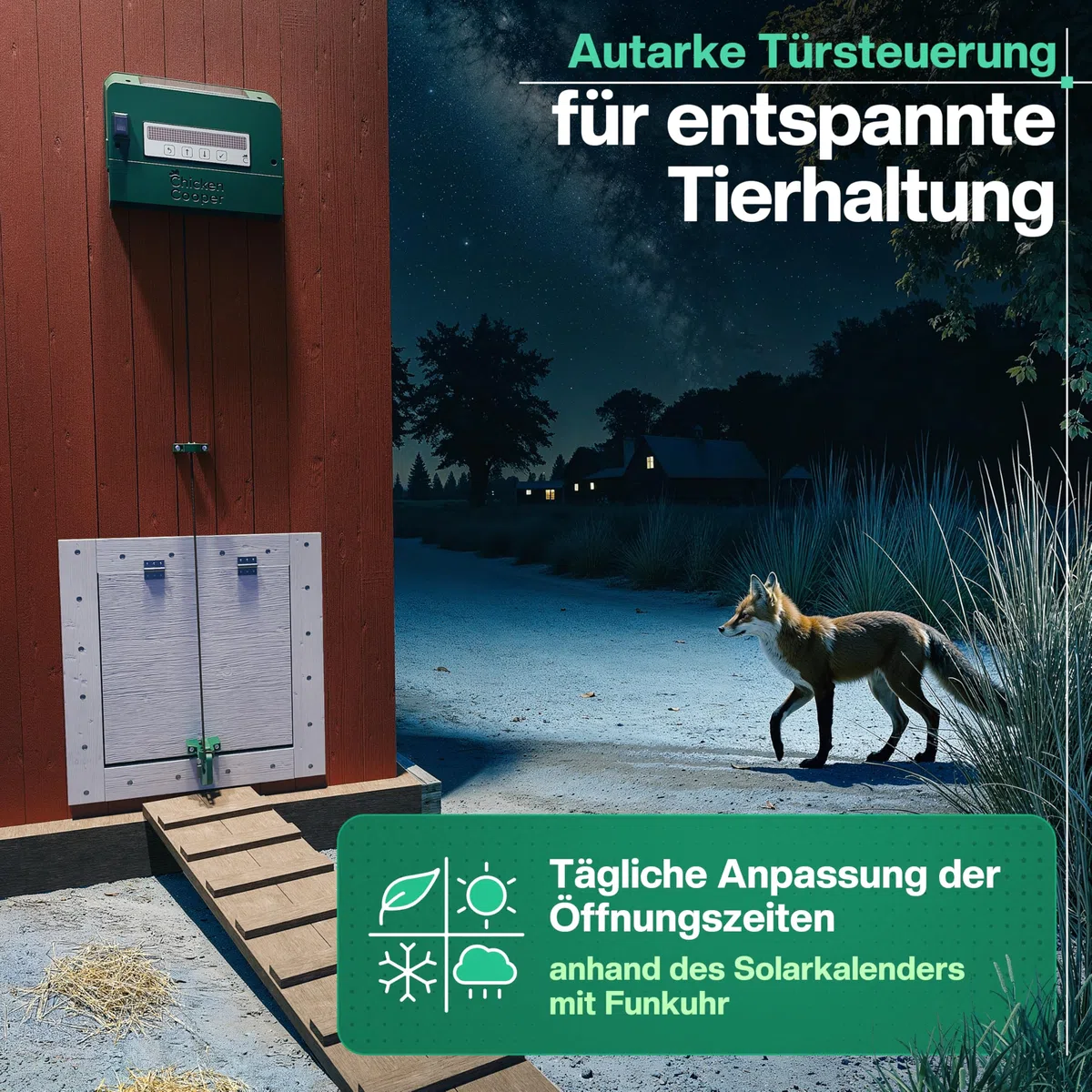 Solar Türöffner 5kg für Hühner, automatische Uhrzeitermittlung und Jahreszeitanpassung, mit integriertem Speicher und Doppelrolle, für Ihre Hühnerklappe nachrüstbar (Braun, Basis Paket)