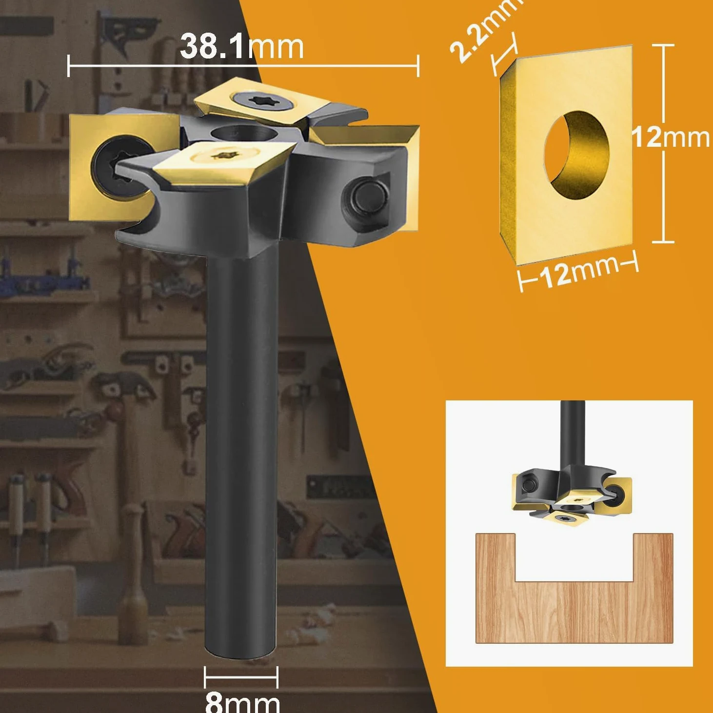 SpeTool Planfräser 8mm Schaft 38.1mm Schnittdurchmesser Planfräser mit 4 austauschbaren Hartmetallmessern (12mmx12mmx2,2mm) mit ATS Beschichtung 2+2 Wendeplatten CNC Fräser holz Flöten Oberflächenbit