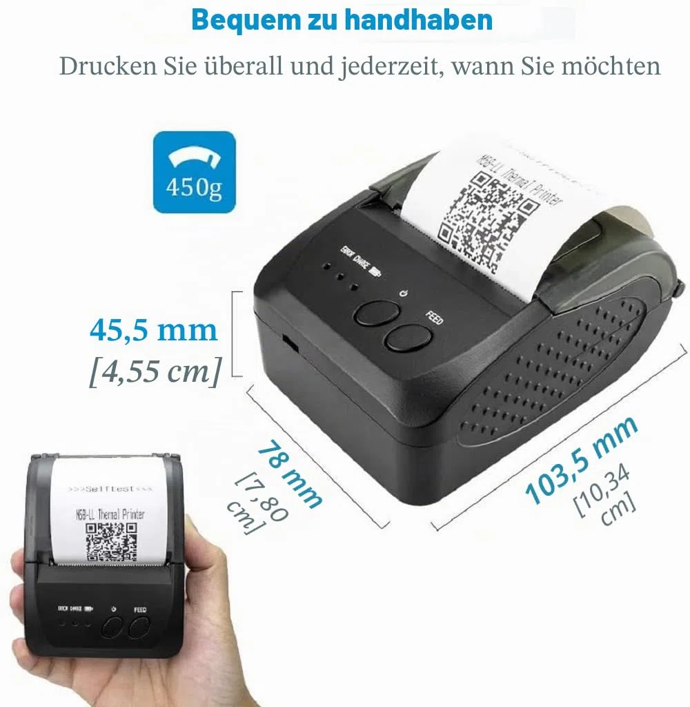 NETUM Kabelloser Bluetooth-Belegungs-Thermodrucker (DE), Tragbarer Persönlicher Rechnungsdrucker, 58 mm, Mini-USB-POS-Drucker für Restaurants, Kompatibel mit Android/PC/Windows/Linux