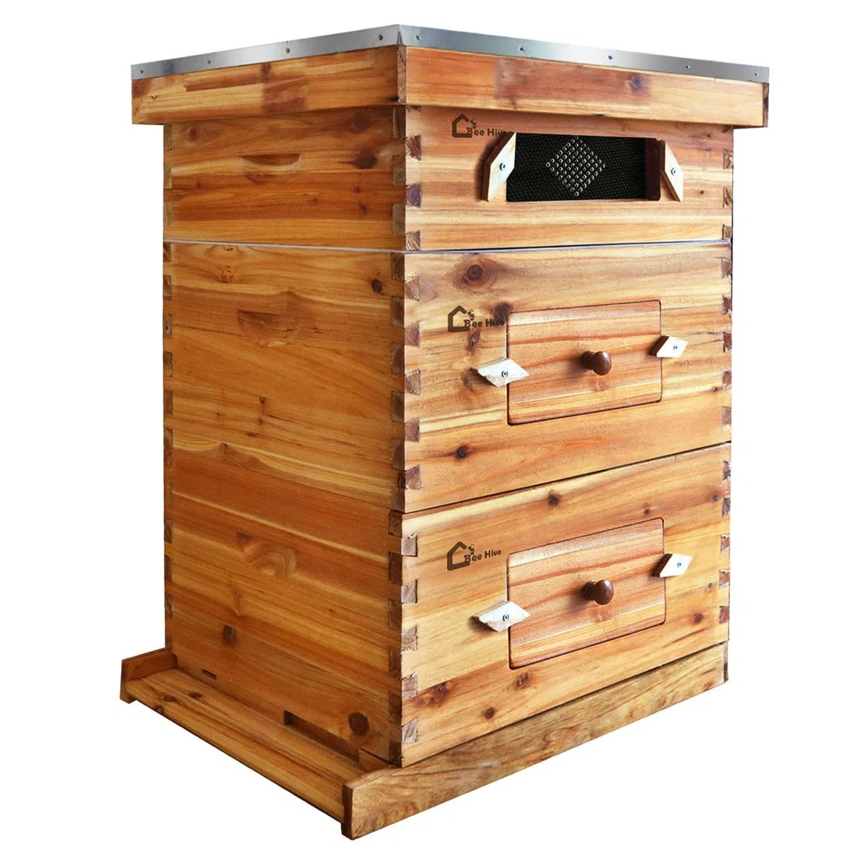 Bienenstock, Beute Für 30 Rahmen, Mit Bienenwachs Beschichtetes Tannenholz, 2 Tiefe + 1 Mittelgroßer Bienenkasten, Langstroth-Bienenstock-Set, Transparente Acrylfenster Mit Fundamenten