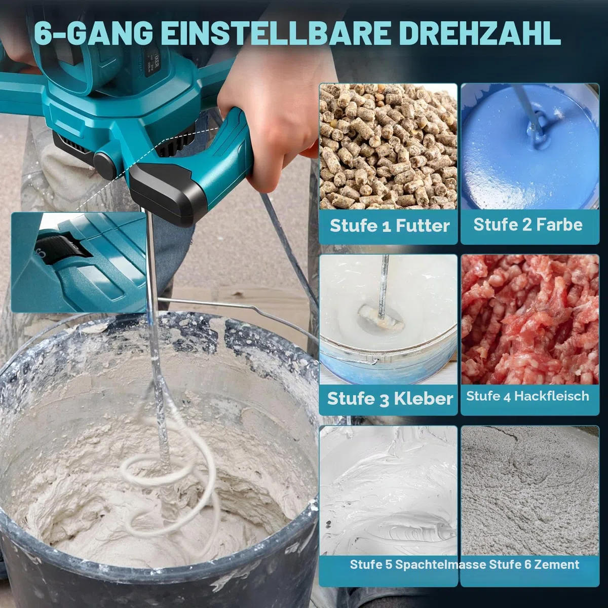 Kabelloser Zementmischer für Makita 18V Akku, Bürstenloser Paddelmischer, 6 Geschwindigkeitsstufen Lackmörtelmischer, Max 680 U/min, Elektrischer Betonrührer zum Mischen von Futtermörtel