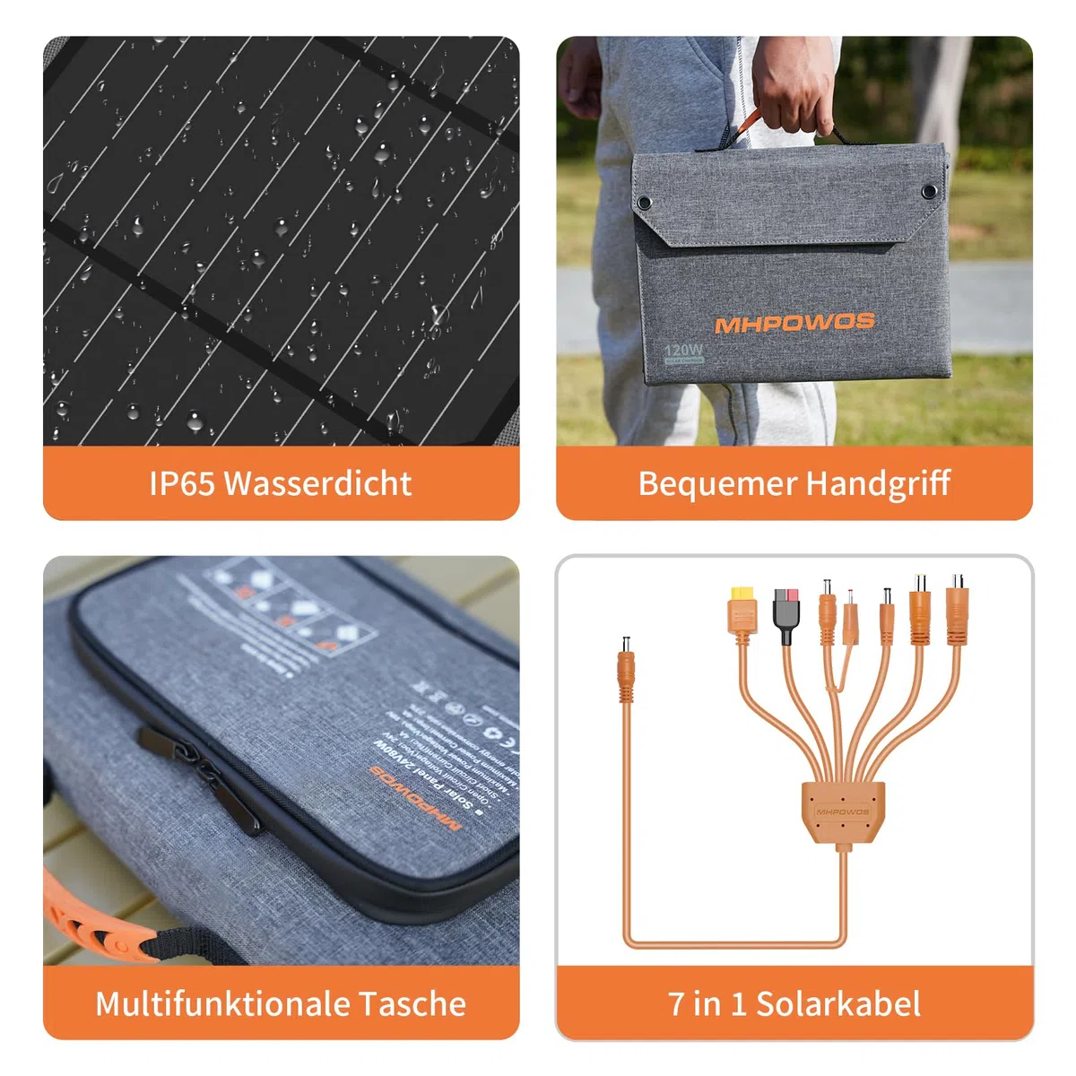 120W 19V Tragbares Solarpanel, Faltbares Solarladegerät mit 7-in-1-Solarstecker, IP65 Wasserdicht Camping-Solarpanel für Tragbare Kraftwerk, Smartphone, PC, Camping, Wandern, Outdoor-Reisen