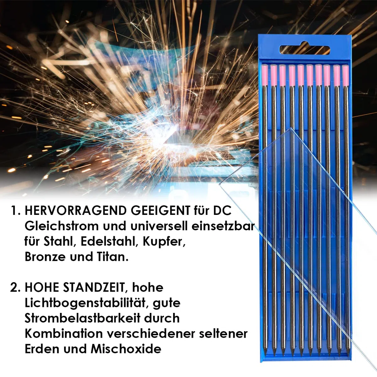 10x Wolfram Elektrode W+Oxid (pink), WIG-Schweißen, Strahlungsfreie Lymox Elektrode geeignet für alle WIG- und Plasma-Schweißverfahren, ideal für das automatisierte Verfahren, universell einsetzbar