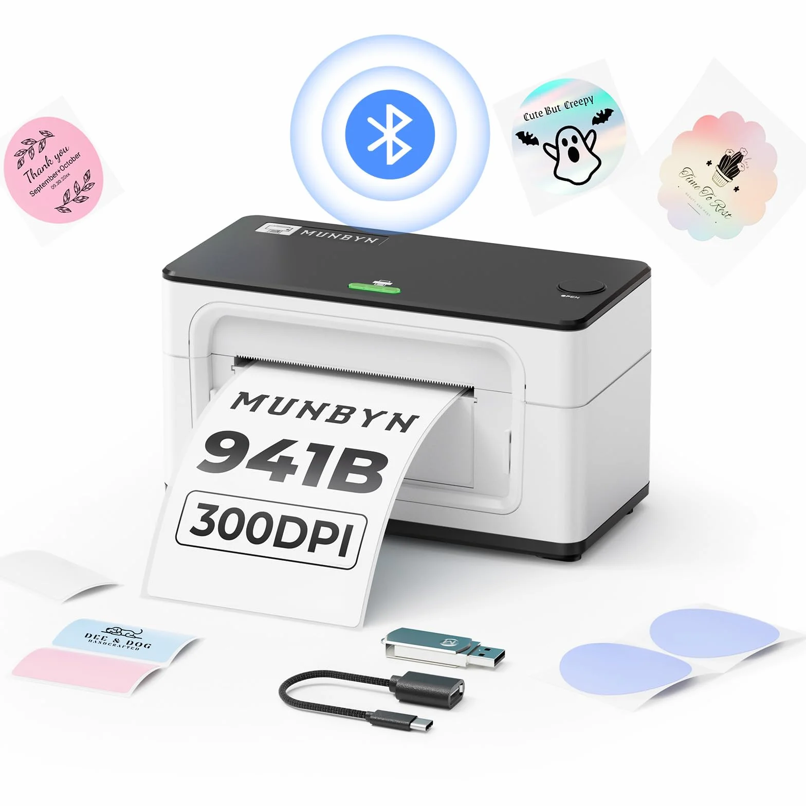 MUNBYN Etikettendrucker DHL 300 DPI Bluetooth, Labeldrucker 4XL Etikettendrucker Label Printer Thermo-Versandetikettendrucker Desktop für Shopify DPD DHL UPS, 941BP, Weiß