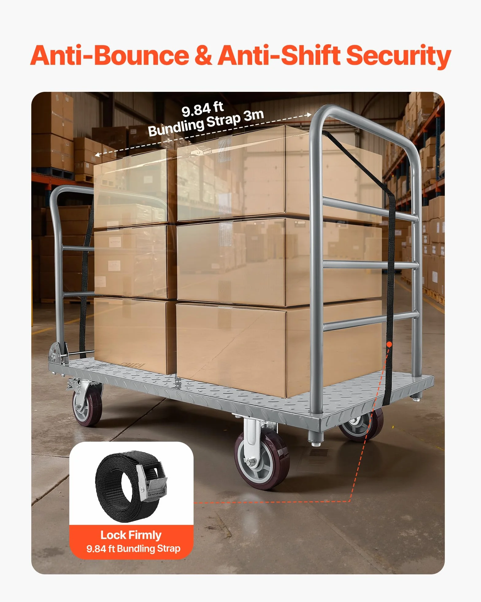 VEVOR Plattformwagen Klappbar 1202 kg, Schwerlast-Transportwagen mit abnehmbarem Geländer & Schwenkrädern, Industriewagen, für Supermärkte, Garagen & Lagerhallen, 1220x610x920 mm Rollwagen