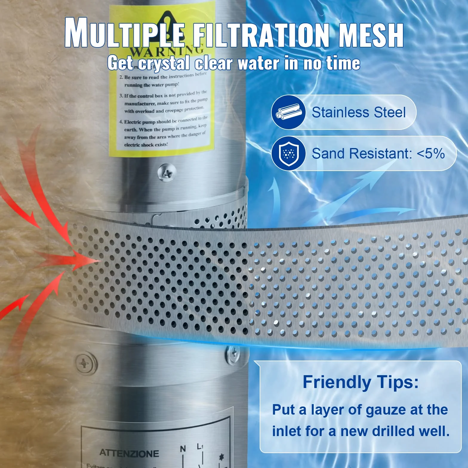 VEVOR 3, 5" Tiefbrunnenpumpe 750W Brunnenpumpe 105L/min Tauchpumpe max. Förderhöhe 62m Rohrpumpe 230V 50Hz Sandpumpe IP68 Wasserpumpe 11 Laufradstufen Pumpe Ideal zur Bewässerung, Silber