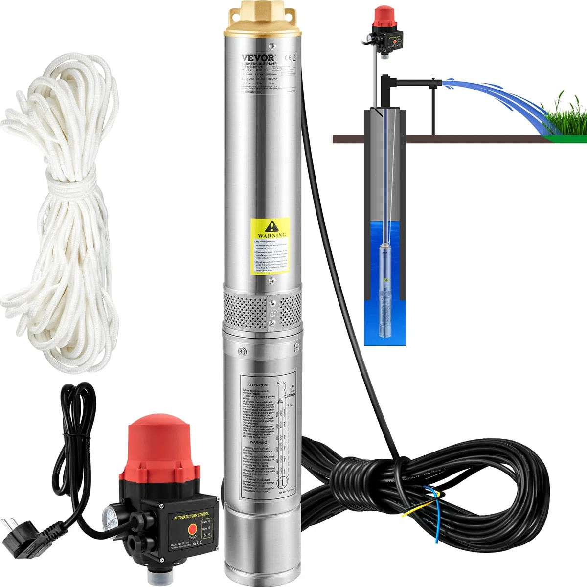 VEVOR 3, 5" Tiefbrunnenpumpe 750W Brunnenpumpe 105L/min Tauchpumpe max. Förderhöhe 62m Rohrpumpe 230V 50Hz Sandpumpe IP68 Wasserpumpe 11 Laufradstufen Pumpe Ideal zur Bewässerung, Silber