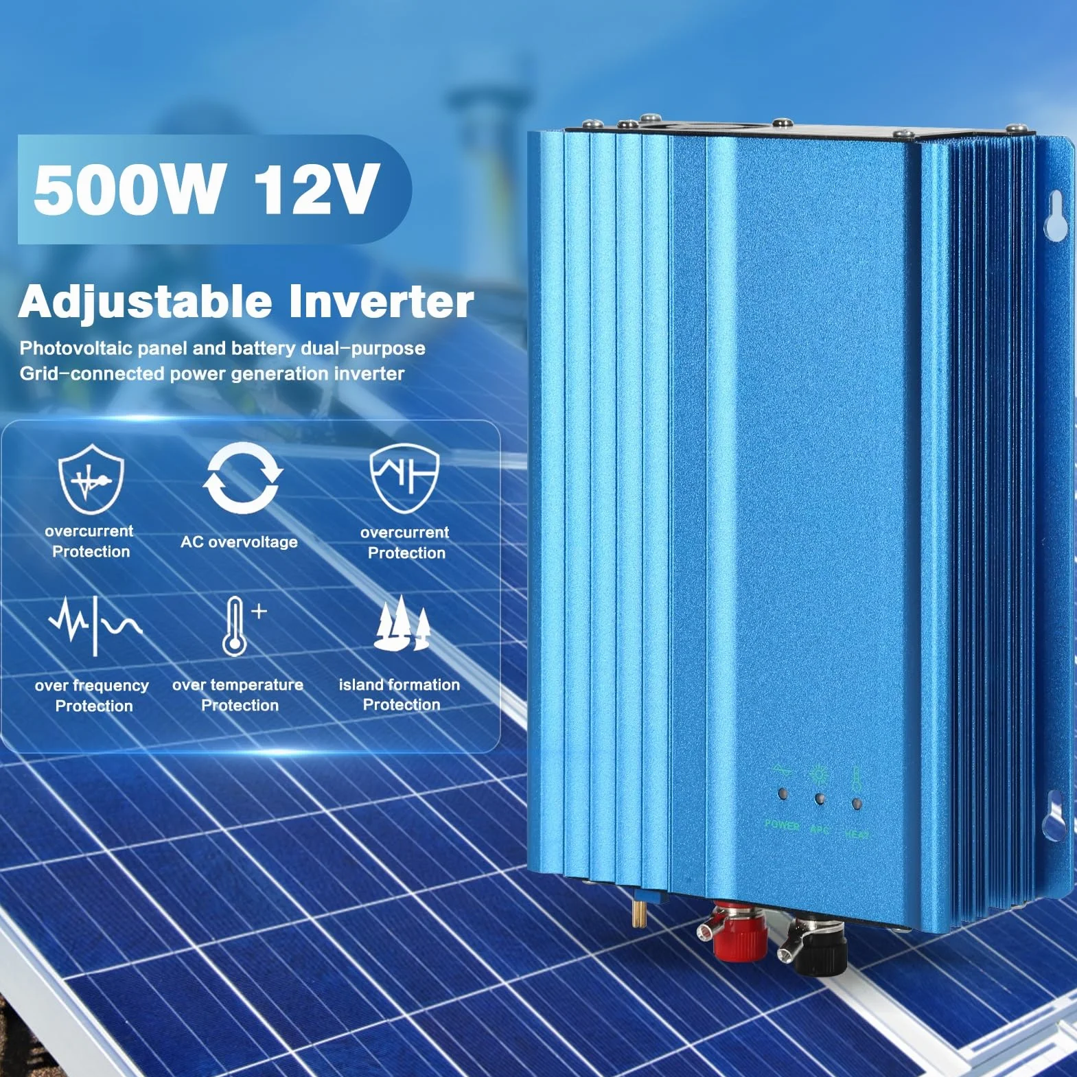 Grid tie Inverter 12v 500W MPPT Wechselrichter netzeinspeisung Reiner Sinus AC 230V Ausgang Einspeisewechselrichter für Solarpanelen 12V Battery 30W-250W Regelbare Ausgangsleistung.