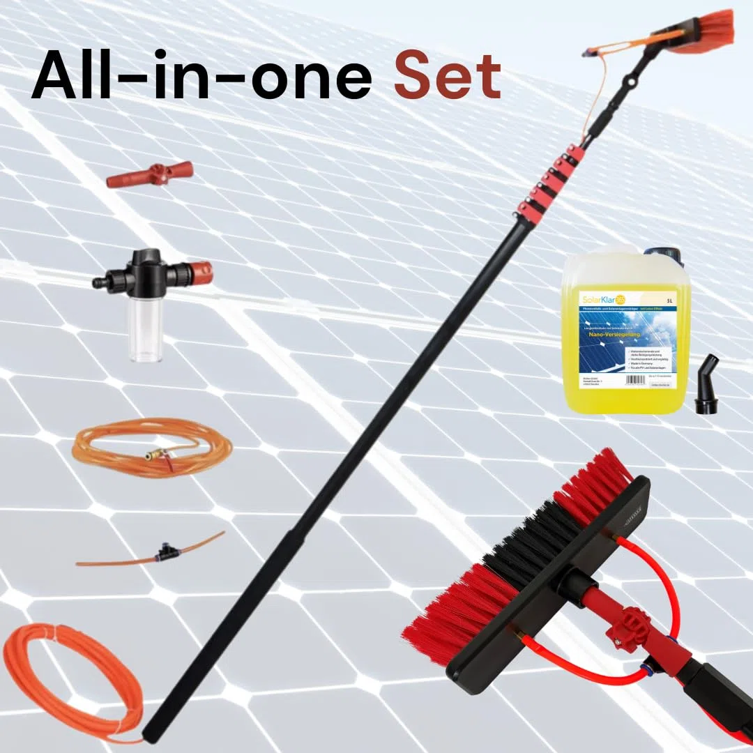 SolarKlar365 Photovoltaik- und Solaranlagen Reiniger | PV Anlage reinigen | Lotuseffekt langanhaltender Schutz, starke und materialschonende Reinigung 5 Liter + Teleskop-Waschbürste