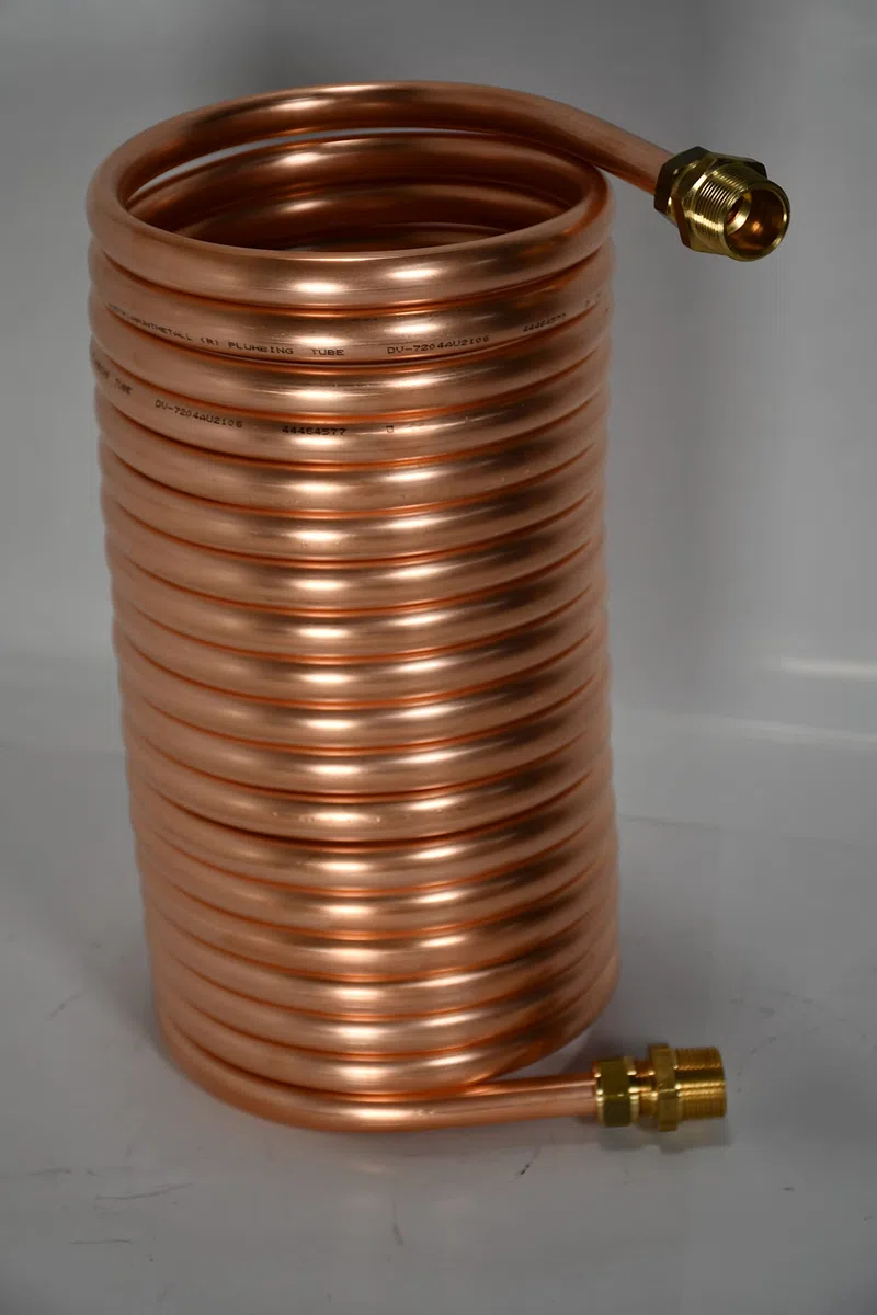 Spirale aus 10m Kupferrohr 15x1mm für OFENROHR 150mm mit InnenDurchmesser von ca.154mm & Anschl. 1/2" Zoll