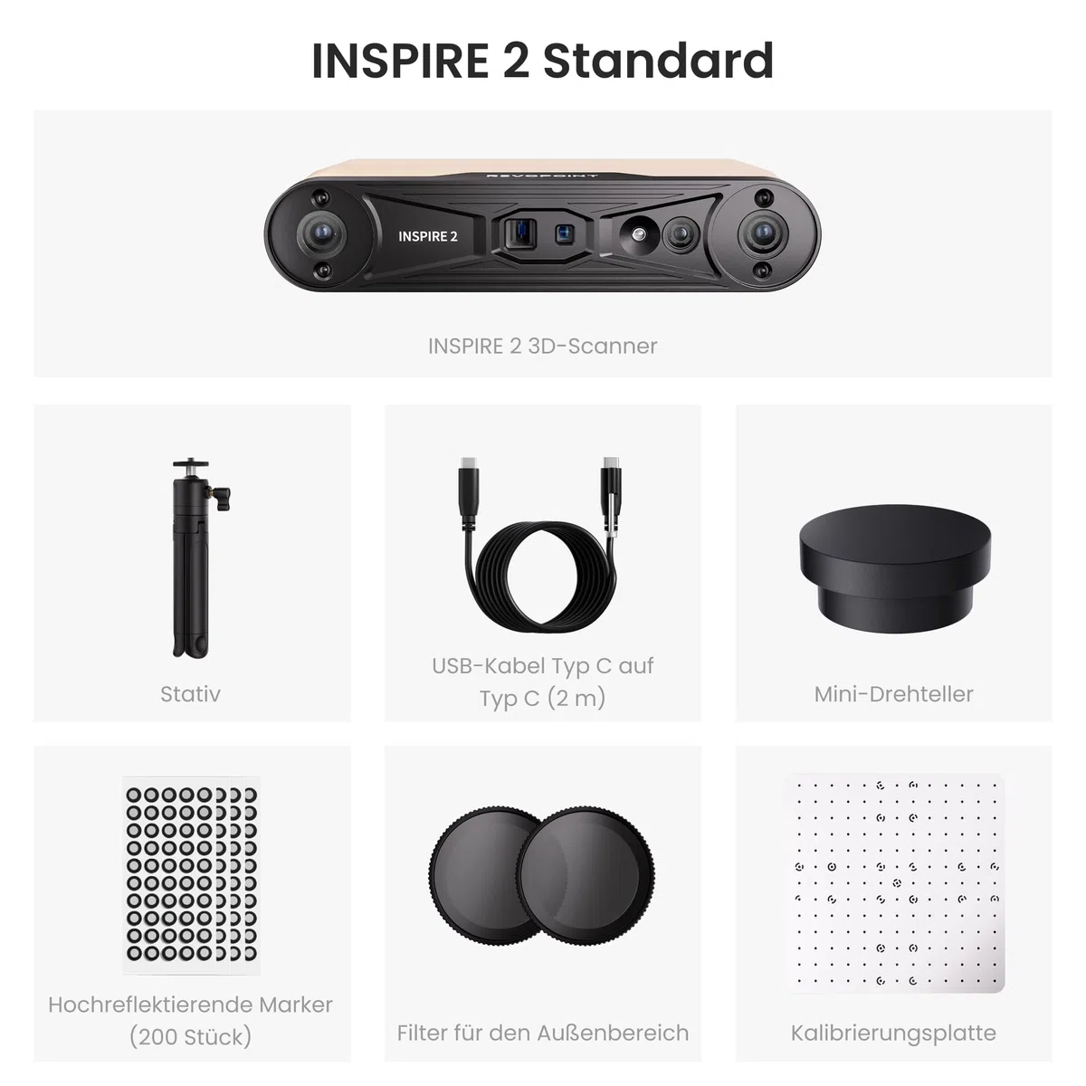 Revopoint INSPIRE 2 3D-Scanner für 3D-Druck, bis zu 0,03 mm Präzision, Mehrstrahl-Laser & Strukturiertes Licht, Scannen im Freien & Kabelloses Scannen, Vollfarbscans, Optischer Zoom, 190g, Standard