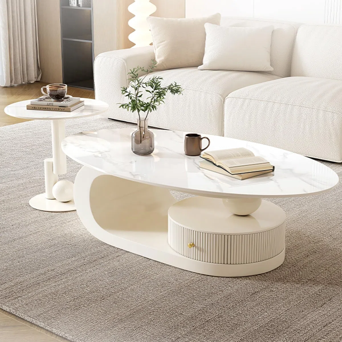 Ineinander stapelbares Couchtisch-Set, mit Schubladen, in Zwei Ausführungen erhältlich, bodenstehendes Design, halbmondförmiges Couchtisch-Set, 2 Stück, weiß (WeißA, 39 Zoll + 20 Zoll)