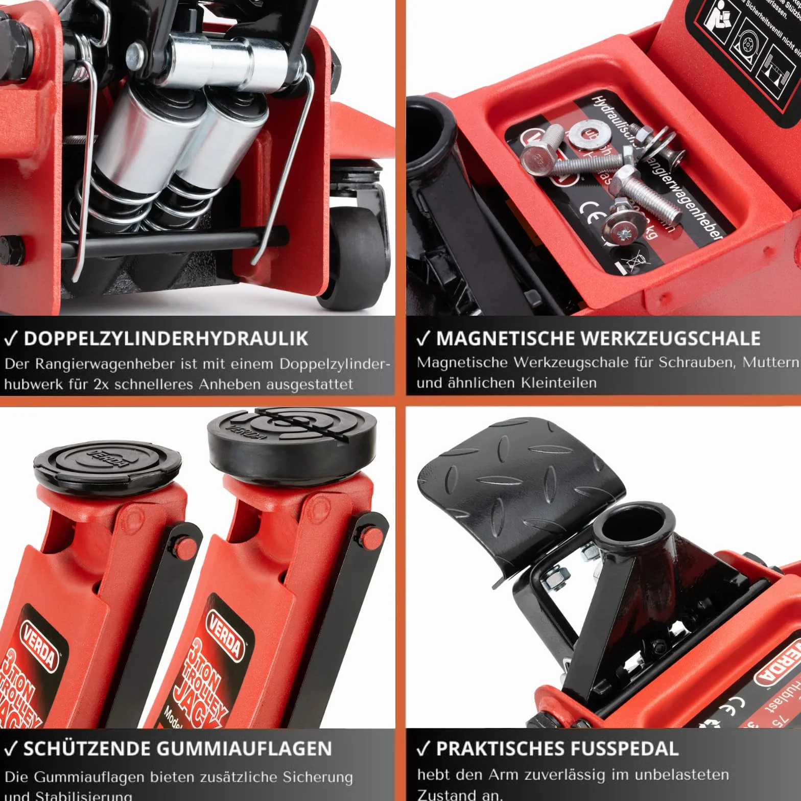 Verda Wagenheber hydraulisch 3T - Hubhöhe 75-515 mm, Mit Fußpedal, mit Schmiernippel, 2X Gummi, Rangierwagenheber PKW Auto Heber, SUV, Doppelpumpsystem, Extra Stabil & Sicher Flacher