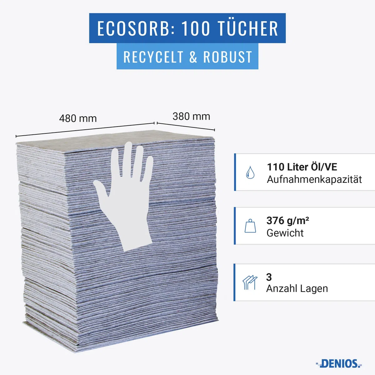 DENSORB EcoSorb Bindevliesmatten, Ölbindemittel Ausführ. Universal, aus recycelter Zellulose, 38 x 48 cm, 100 Stück