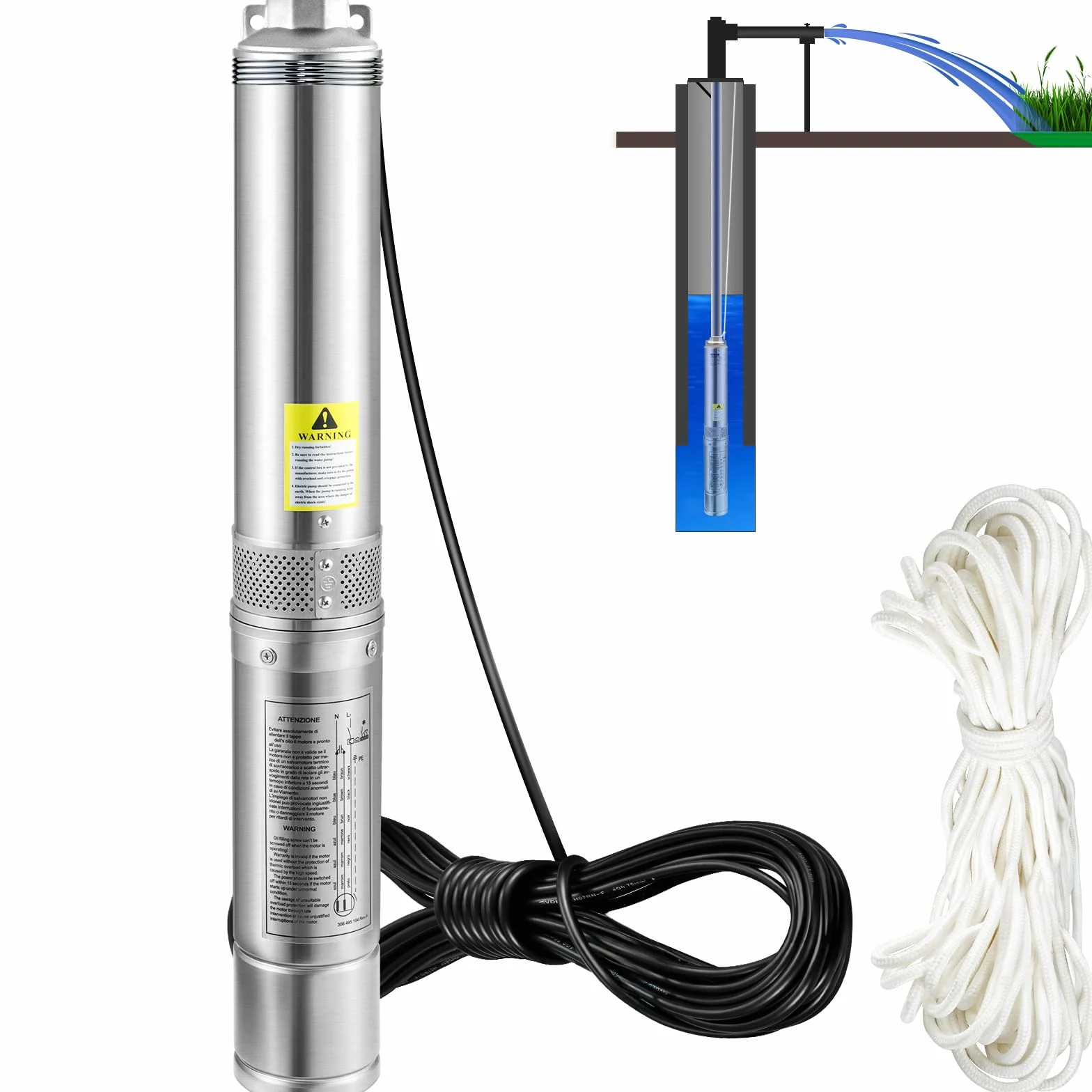 VEVOR 3, 5'' Tiefbrunnenpumpe 750W Brunnenpumpe 105L/min Tauchpumpe max. Förderhöhe 62m Rohrpumpe 230V 50Hz Sandpumpe IP68 Wasserpumpe mit 20m Kabel Pumpe Ideal zur Bewässerung, Silber