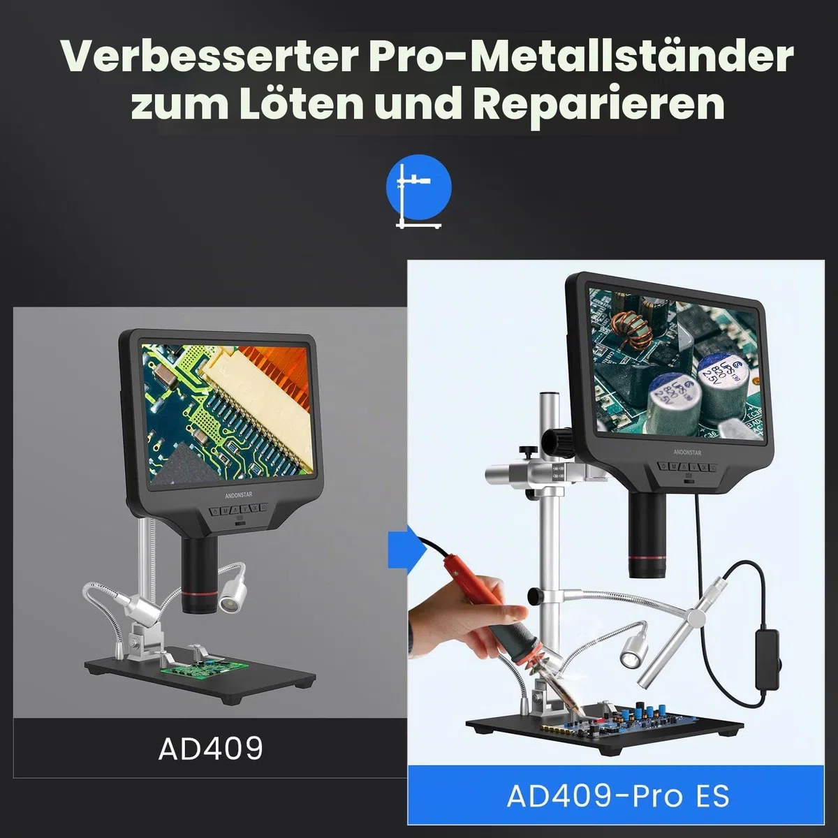 Andonstar AD409 Pro HDMI Digitales Mikroskop mit Endoskop, 10,1 Zoll LCD-Bildschirm Lötmikroskop, 300X USB Elektronische Mikroskopkamera für PCB-Löten, Münzsammlung, unterstützt Windows PC