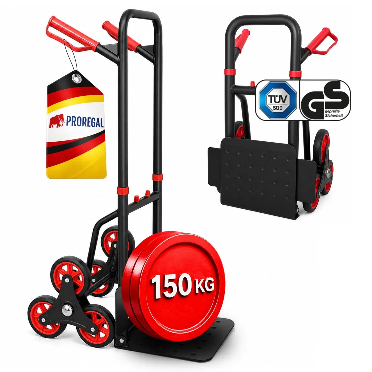PROREGAL Klappbarer Profi-Treppensteiger Taurus 150kg TÜV Zertifiziert pannensichere Vollgummibereifung 110x45x61cm Rot-Schwarz Sackkarre Transportkarre Staplerkarre