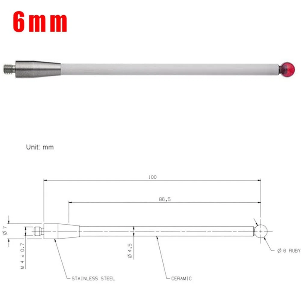 2er-Pack CMM-Taststift für Renishaw A-5000-3712, 100 mm Keramikstab mit 6,0 mm Kugelspitze, für Koordinatenmessgeräten, industrietauglich, verschleißfest, temperaturstabil