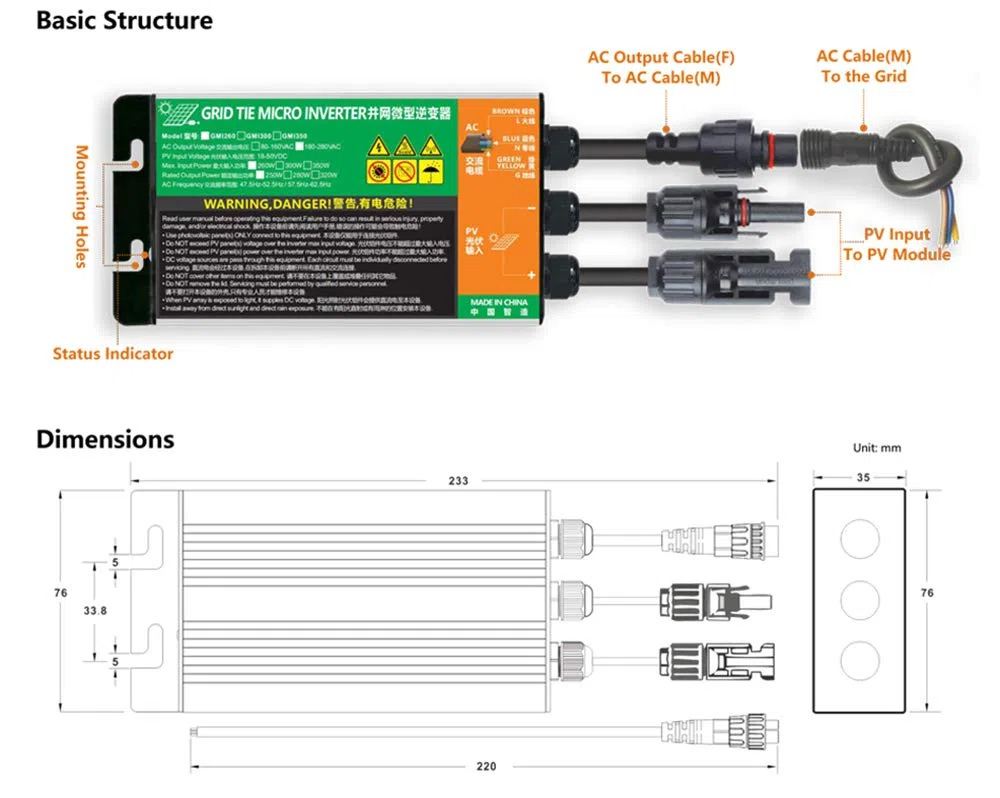 Y&H 350W Solar Grid Tie Inverter DC26-46V zu AC230V Reiner Sinus-Mikro-Wechselrichter