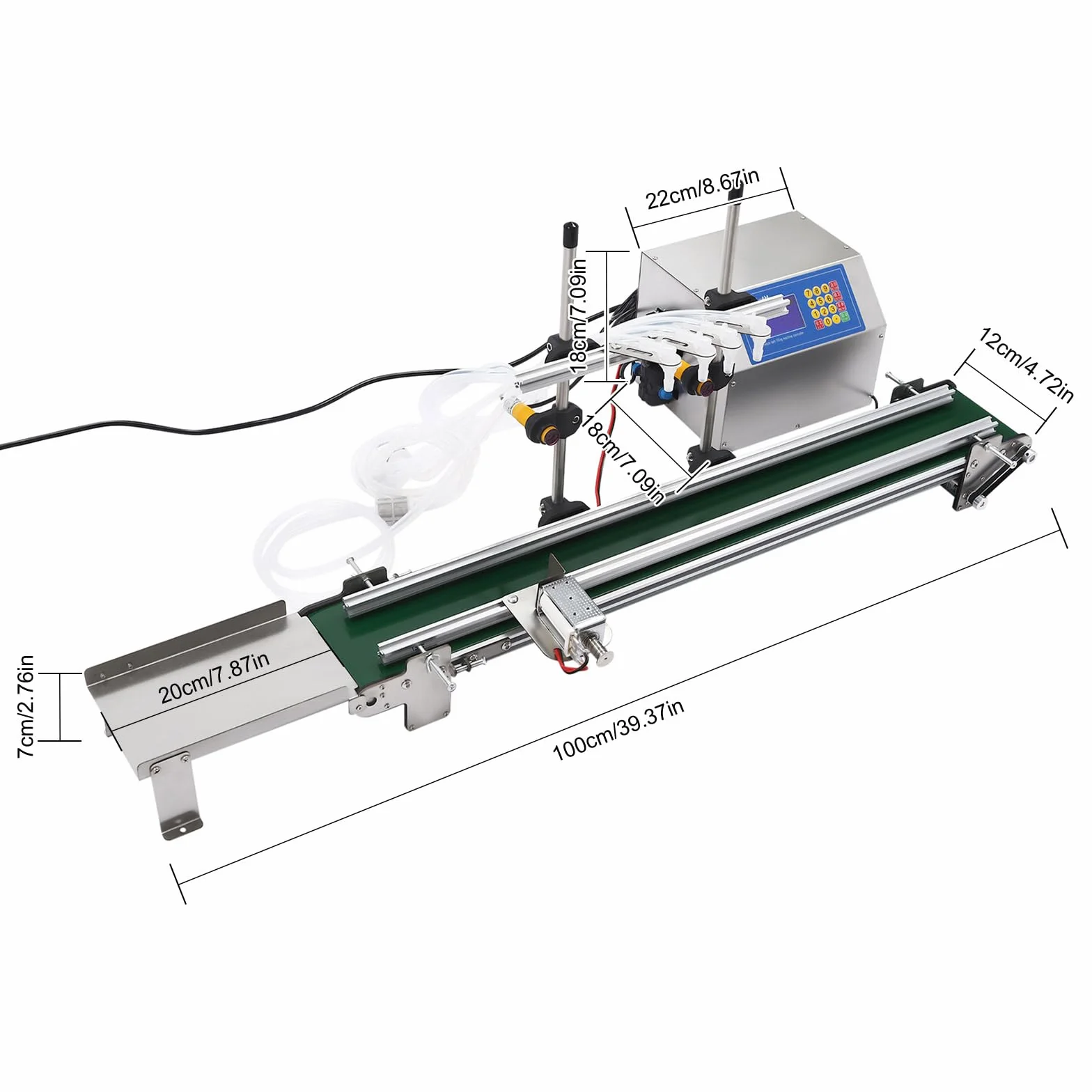 Abfüllmaschine für Flüssigkeiten mit Förderband und 1-4 einstellbaren Fülldüsen für 10-500ml Füllbereich Diaphragmenpumpe 150W geeignet
