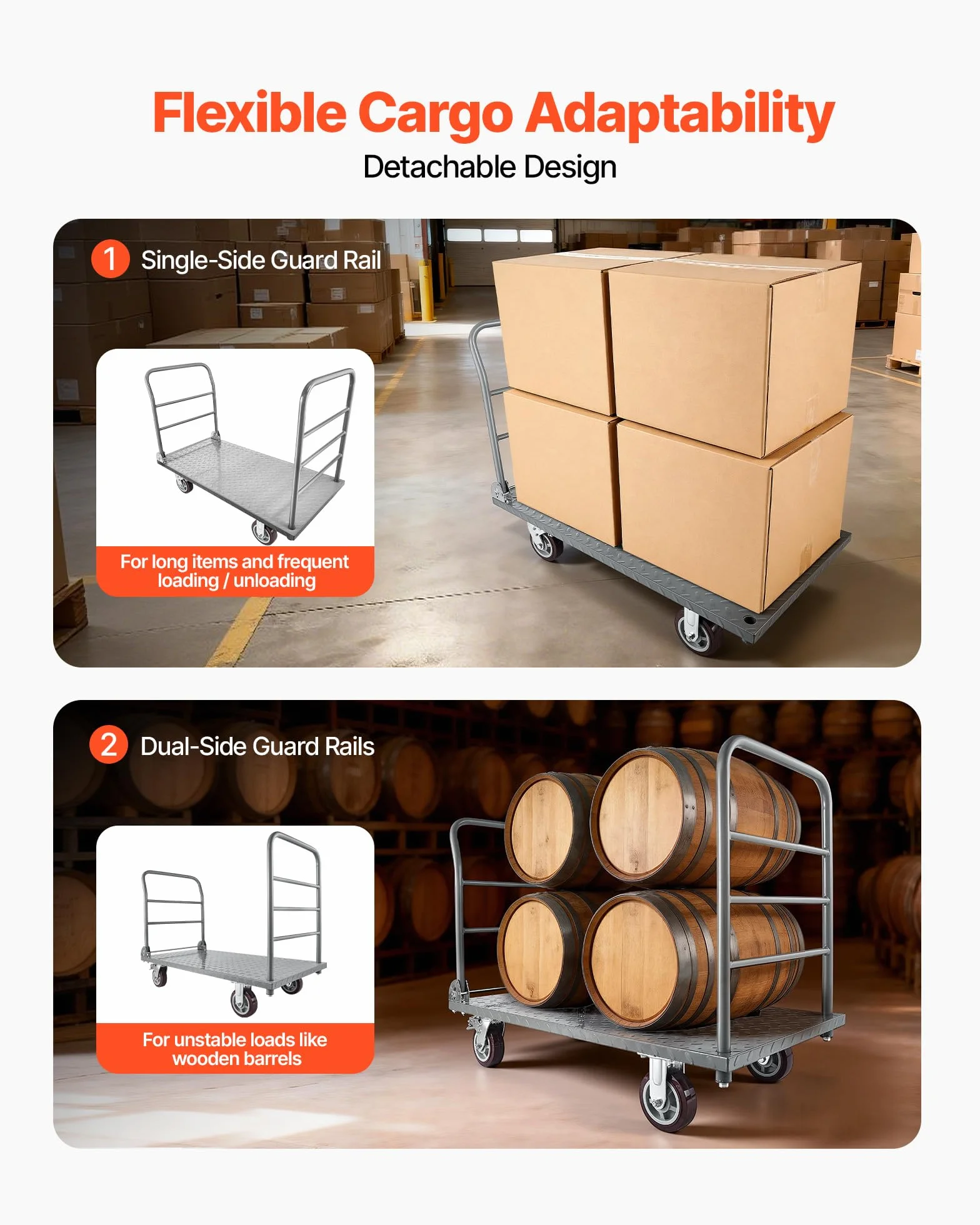 VEVOR Plattformwagen Klappbar 1202 kg, Schwerlast-Transportwagen mit abnehmbarem Geländer & Schwenkrädern, Industriewagen, für Supermärkte, Garagen & Lagerhallen, 1220x610x920 mm Rollwagen