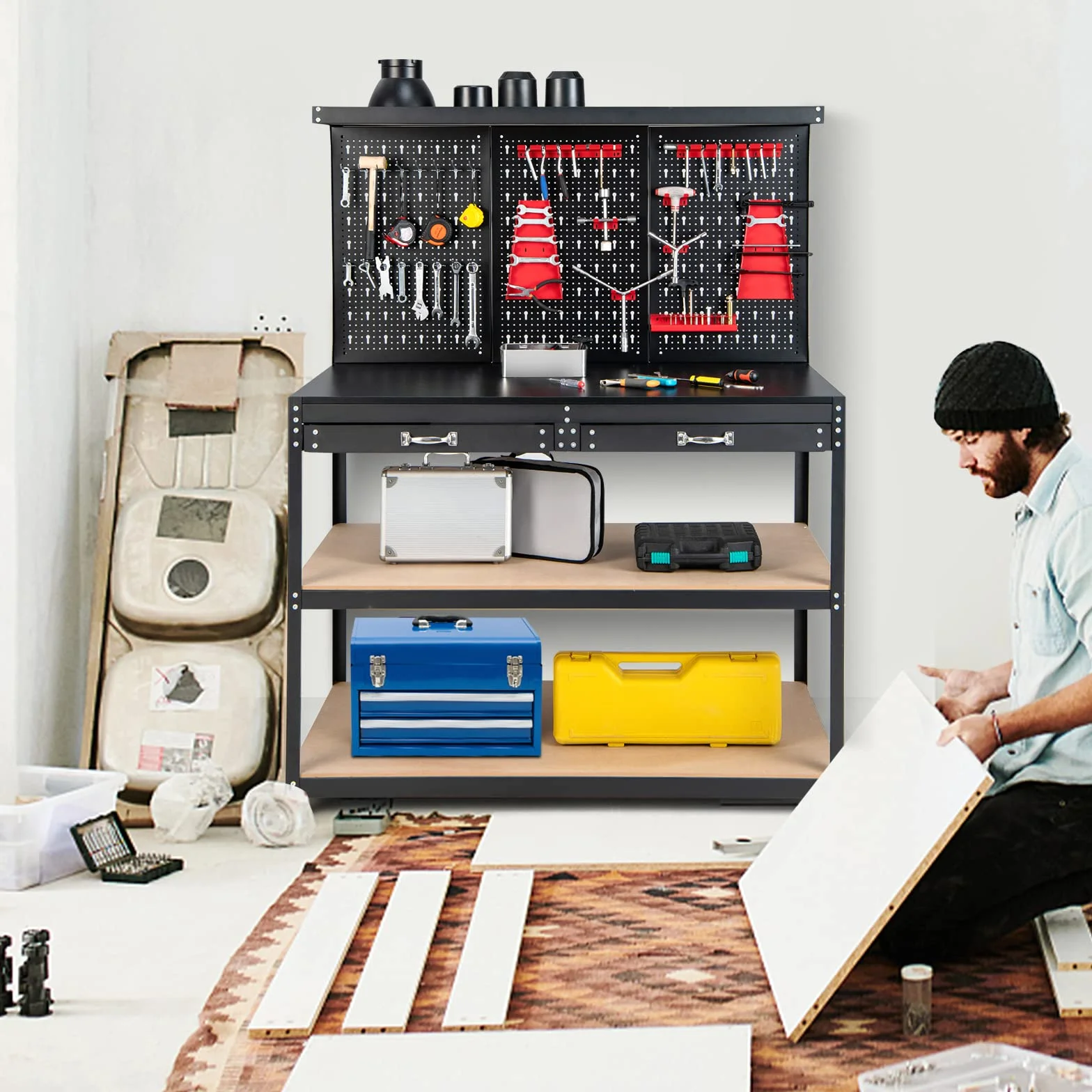 COSTWAY Werkbank, Werkzeugbank mit Lochwand, Werktisch mit Schublade, große Arbeitsplatte & 3 Ablagen, inkl. 13 Zubehörteile zum Aufhängen, Arbeitstisch für Garage und Werkstatt (121 x 61 x 156 cm)