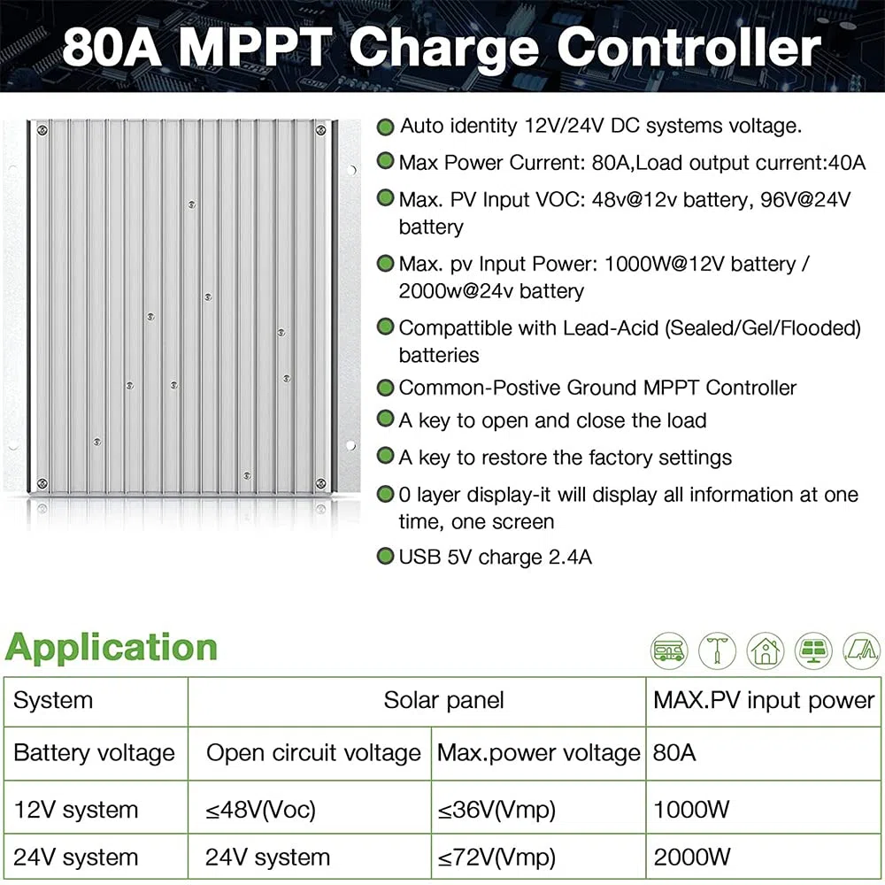 MPPT 80A Solarladeregler 24V 12V Auto Max 100V DC Eingangssolarregler mit LCD Display und Temperatursensor, Funktioniert für Sealed, Gel, Flooded und Lithium.