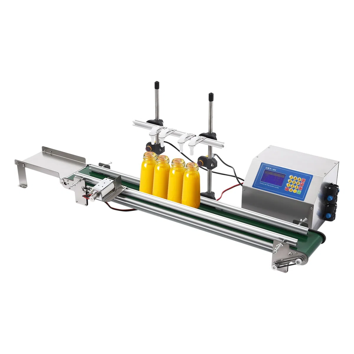 Abfüllmaschine für Flüssigkeiten mit Förderband und 1-4 einstellbaren Fülldüsen für 10-500ml Füllbereich Diaphragmenpumpe 150W geeignet