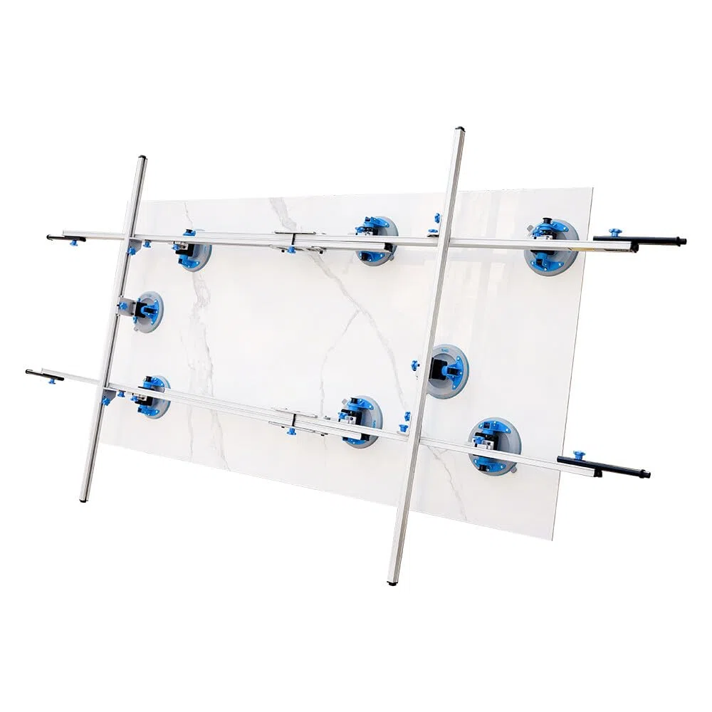Raizi CarriX Verstellbare Schienen 1940-3600mm Teleskop Großformatige Fliesenplatten Trägersystem mit 8x 200mm weißen Silikon-Vakuum-Saugkissen und Querstangen