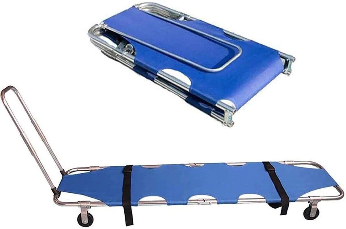 Zusammen klappbare Rettungstrage mit Verbindungsstange, leichte Aluminiumlegierung, 4 Räder, flach zusammenklappbar, Notfalltrage für Krankenhäuser, Sportstätten, Krankenwagen, Feuerwehr