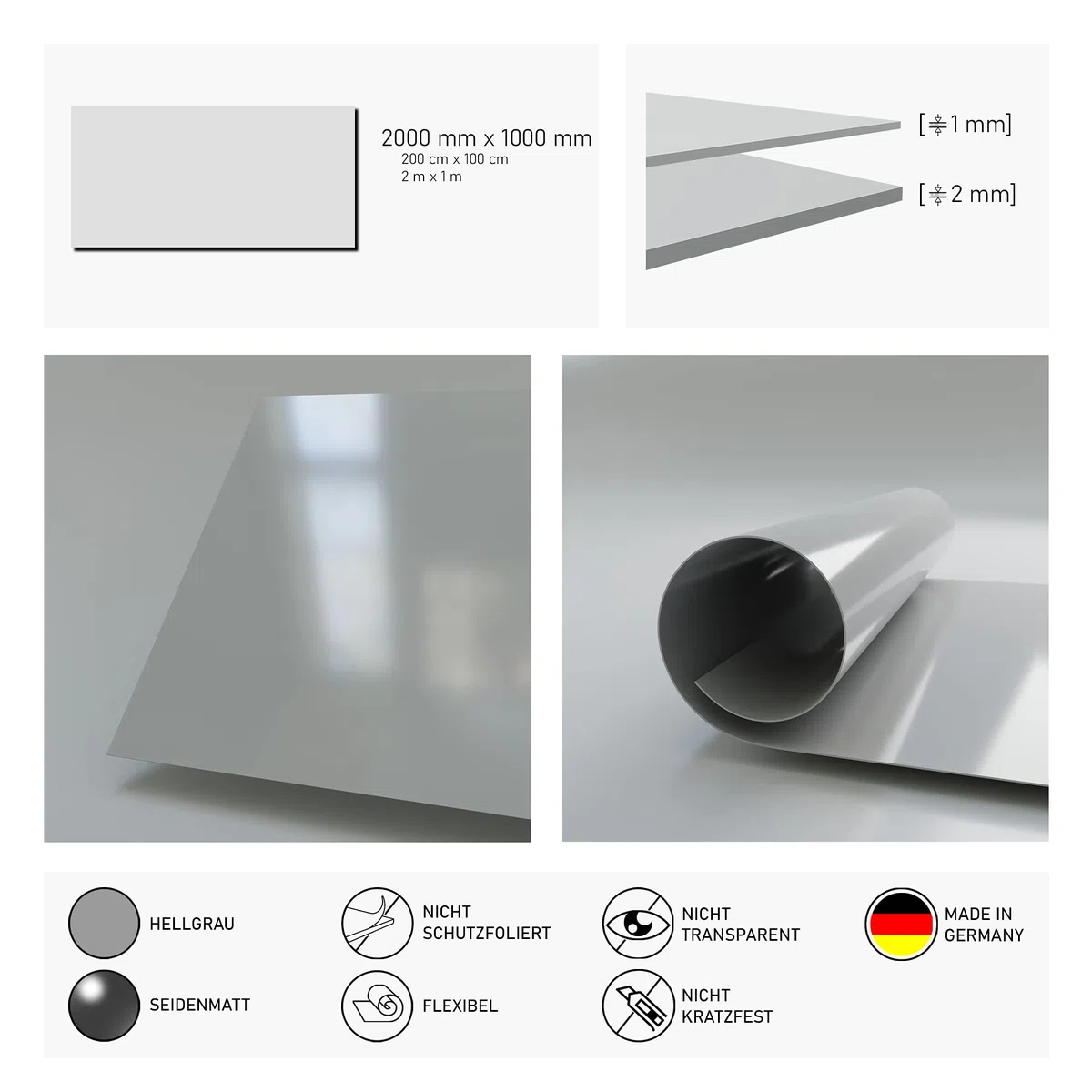 PVC Kunststoffplatte 2000x1000 mm - 1 Stück - seidenmatte PVC Platte, porenlos glatte Oberfläche - Kunststoffplatte 2mm hellgrau (RAL 7004) - leicht flexibel - (1 Stück - 200x100cm, 2mm hellgrau)